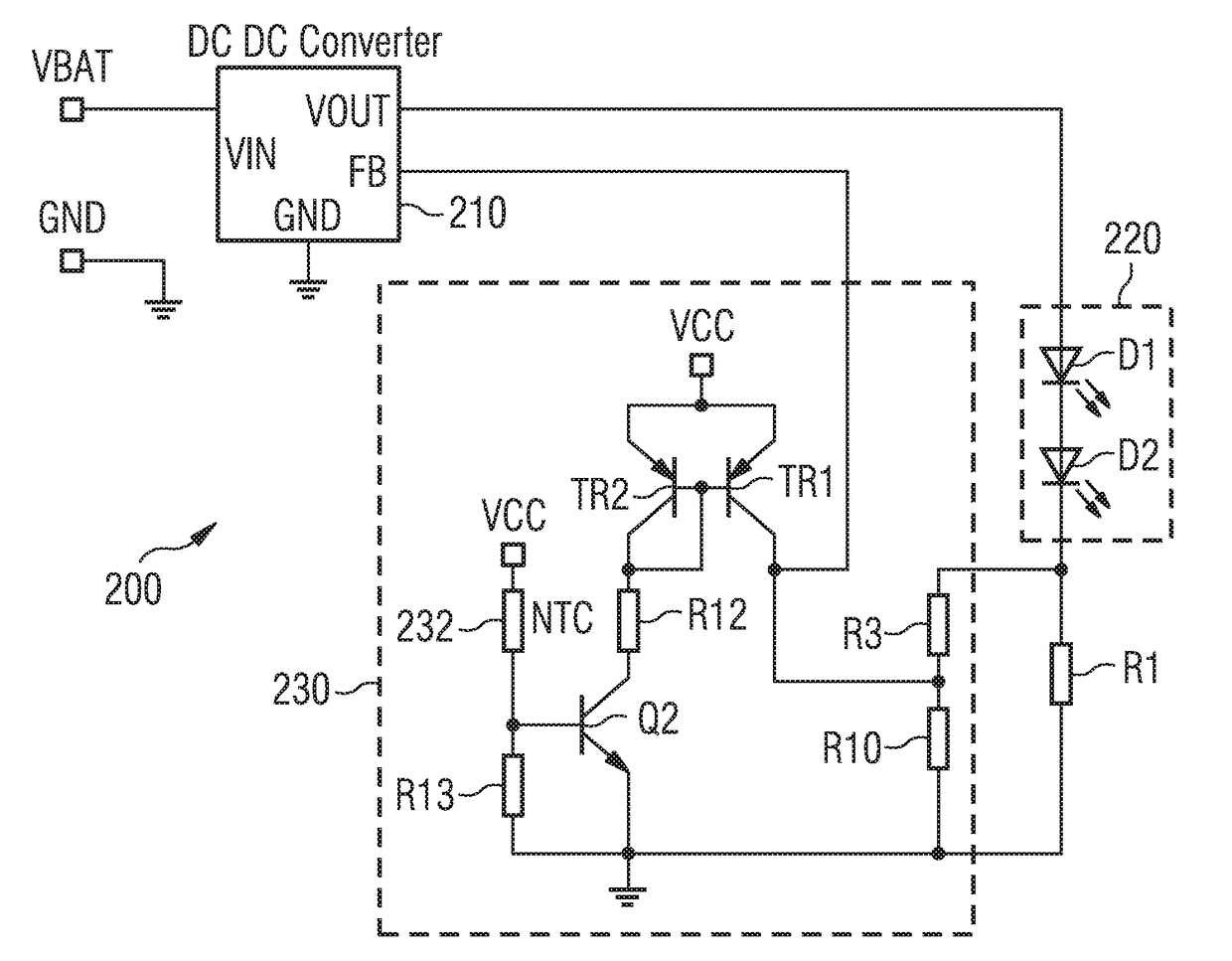 A thermal management and power supply control system for at least one light source
