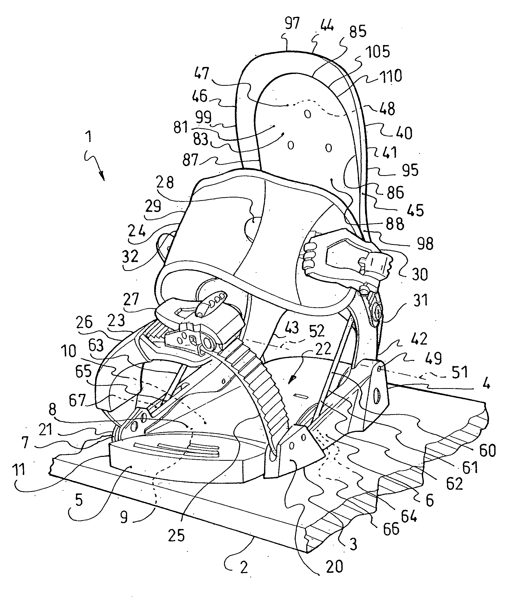 Device for receiving a foot or a boot on a sports apparatus