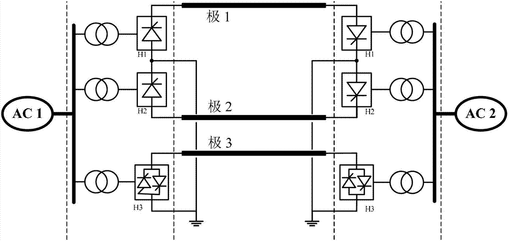 Mixed type three-pole direct current power transmission system and control method thereof