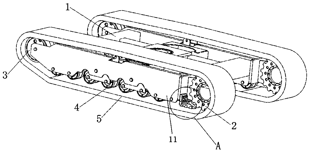 Rubber track chassis, rubber track chassis derailment prevention device and track vehicle
