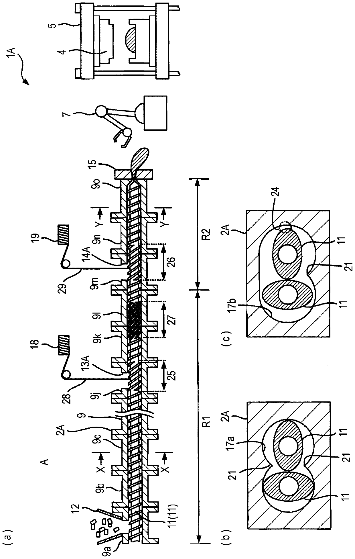 Kneading method for fiber-reinforced thermoplastic resin, plasticizing device, and extruding machine