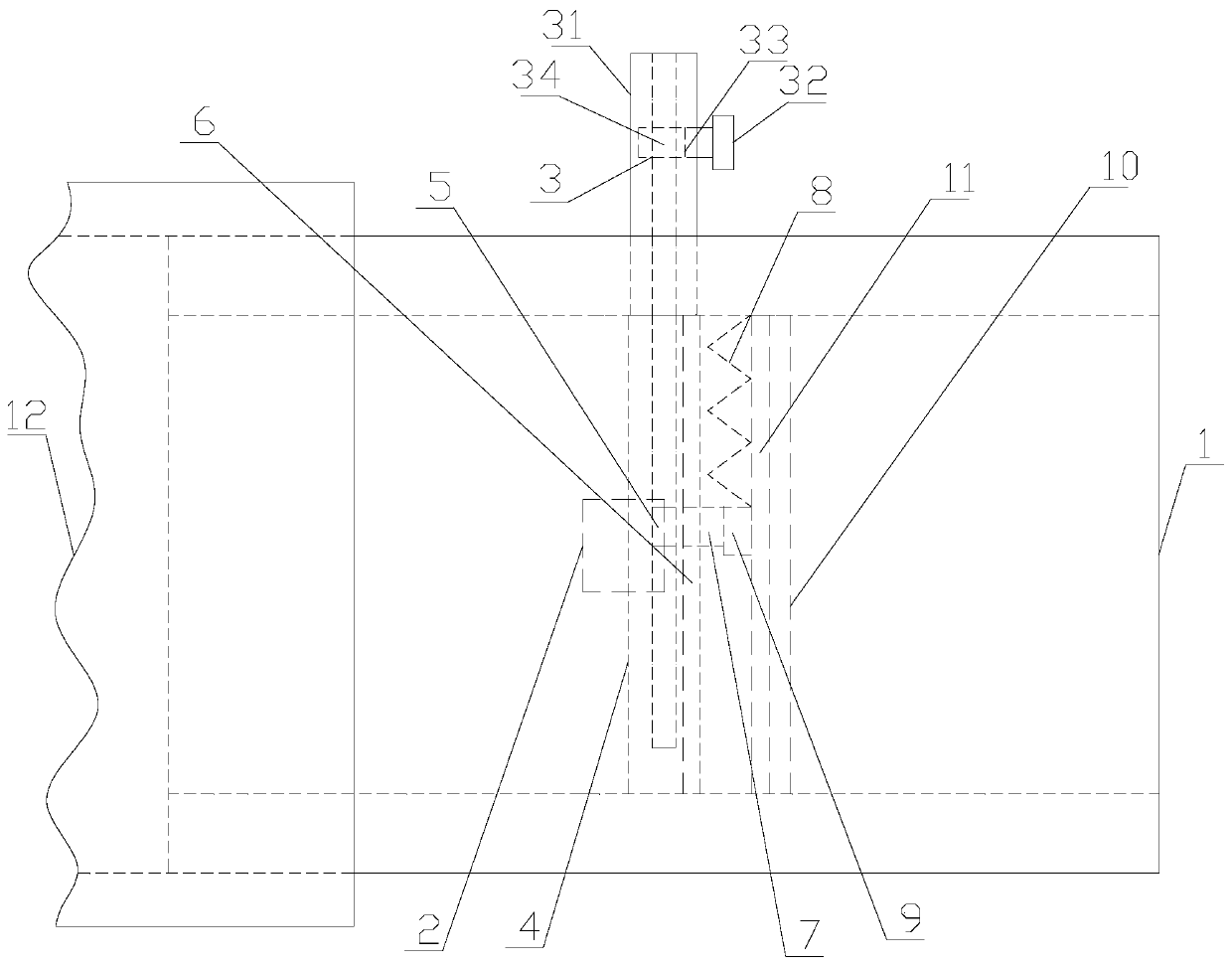 A cylinder-driven curtain water adjustment mechanism