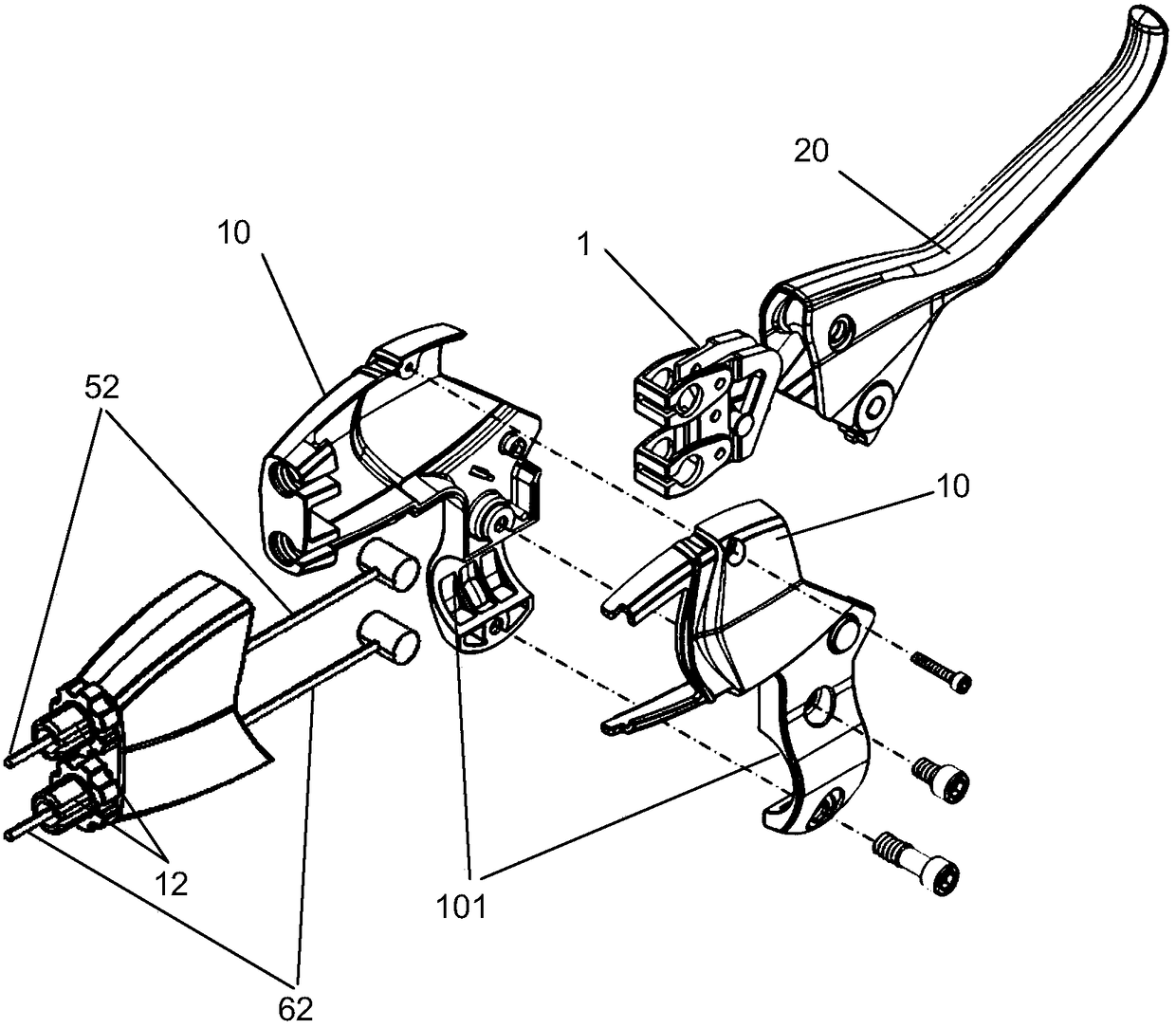 Dynamic force distribution device and its application in front and rear wheel devices with single hand brake