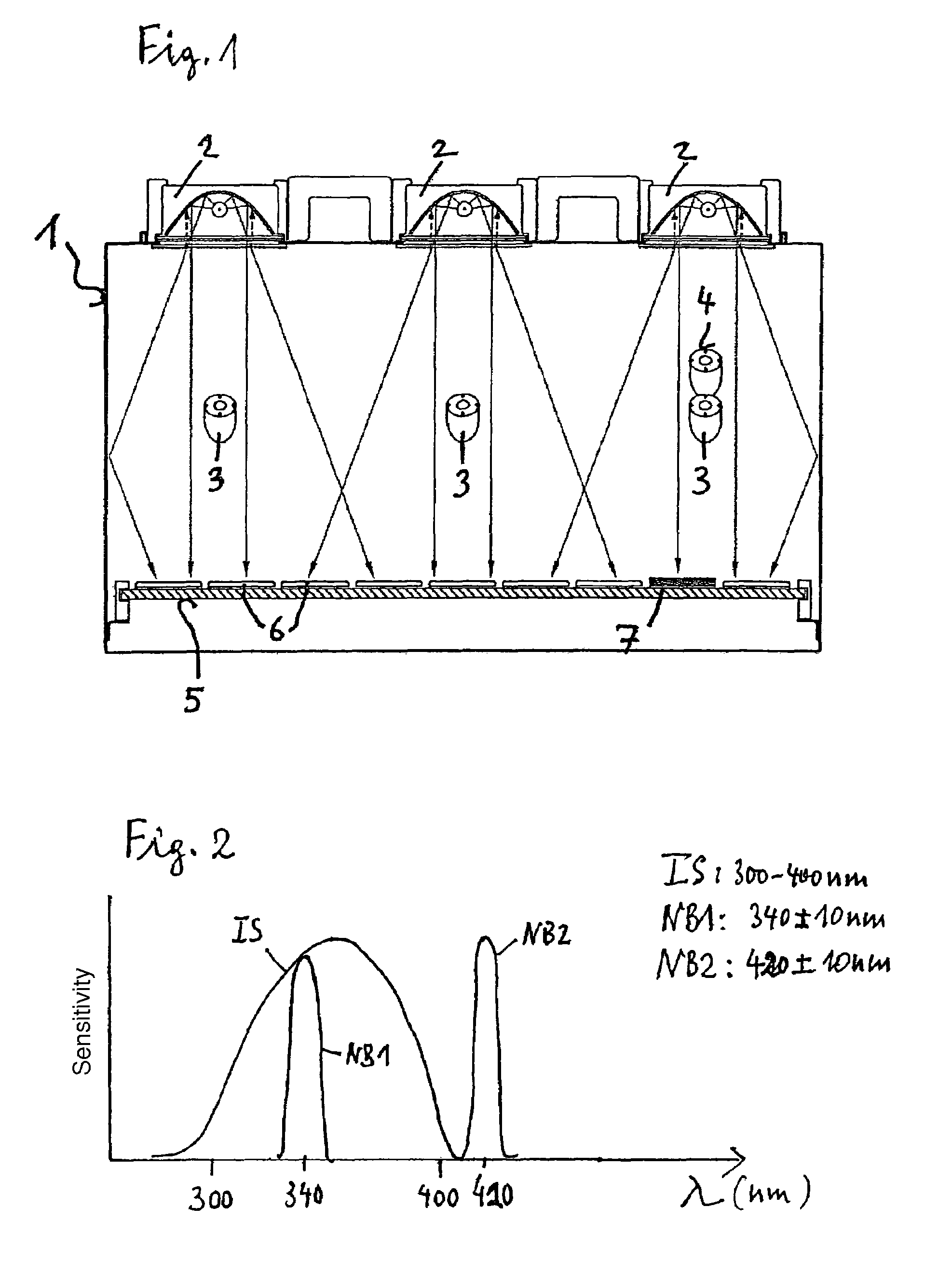 Weathering apparatus with UV radiation sources and radiation sensors containing a double-calibrated UV sensor