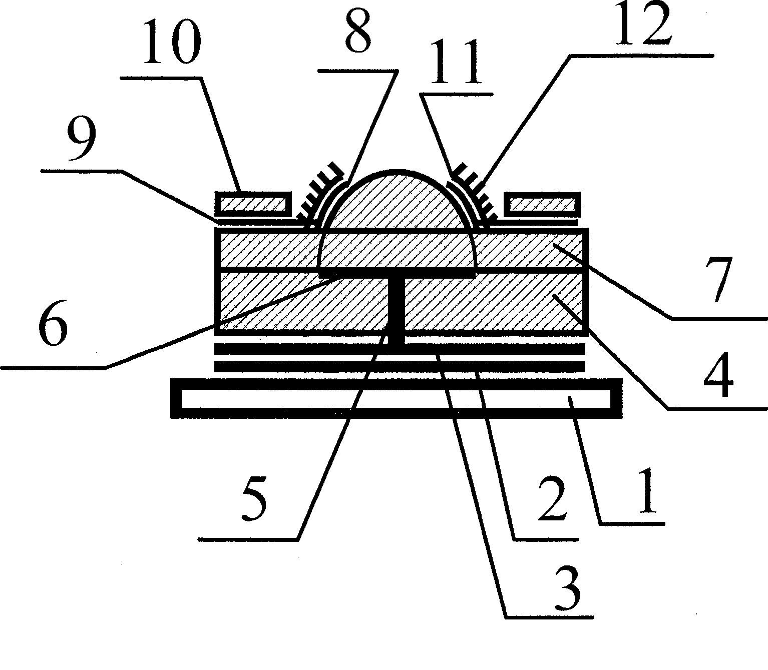 Planar display device with capped bottom-grid controlled cathode structure and its production