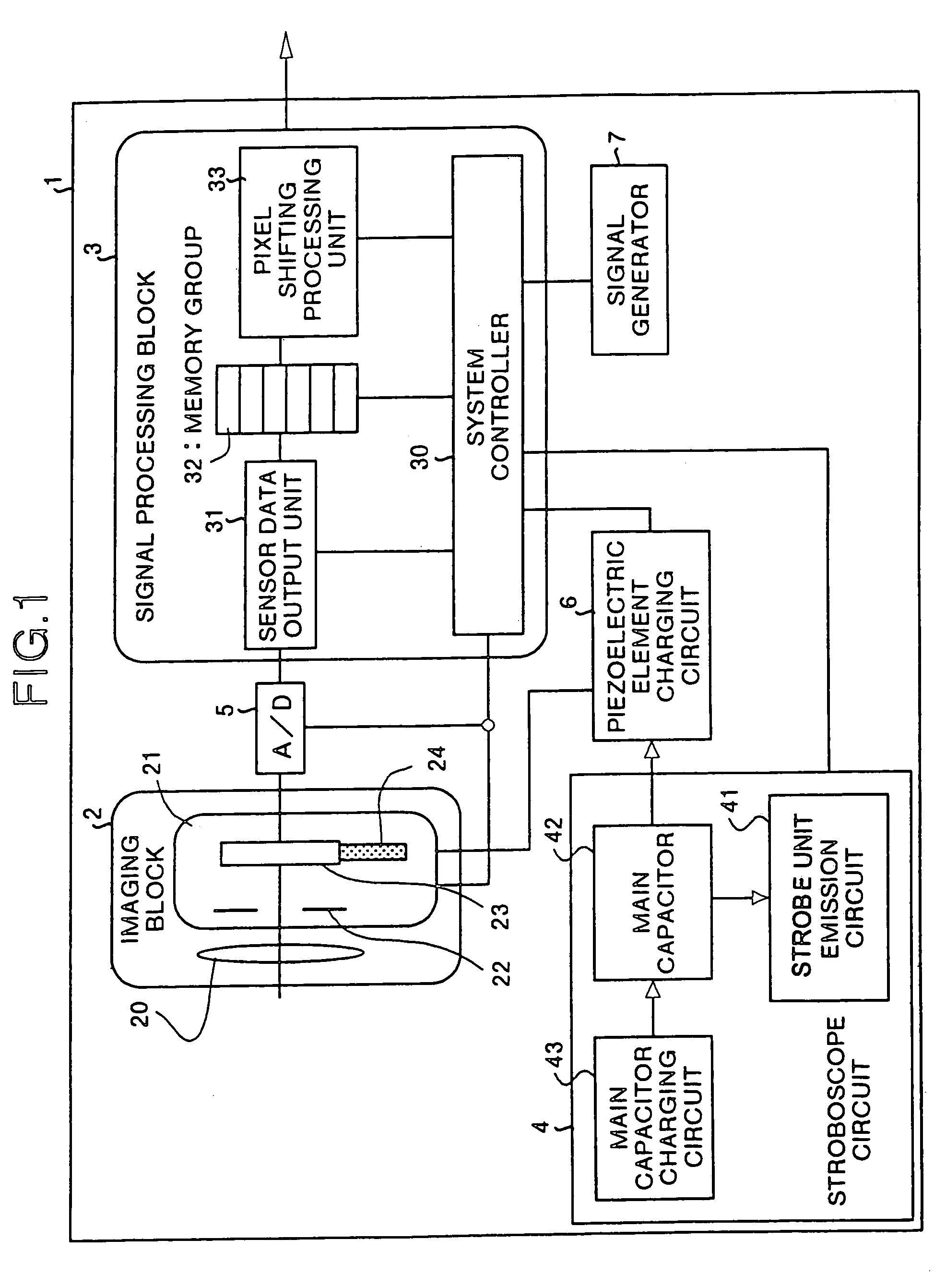 Digital camera with power supply for piezoelectric element and stroboscope circuit