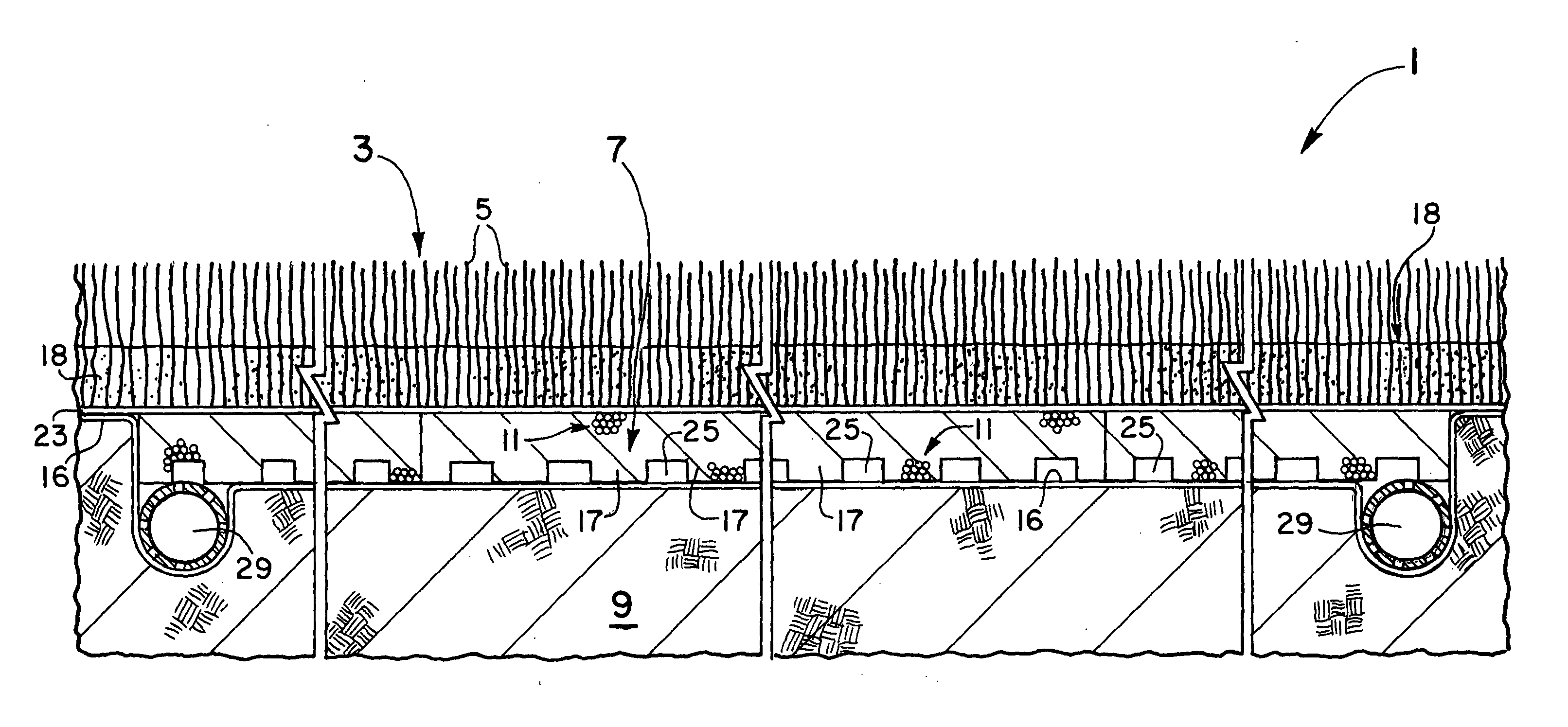 Multi-layered sports playing field with a water draining, padding layer
