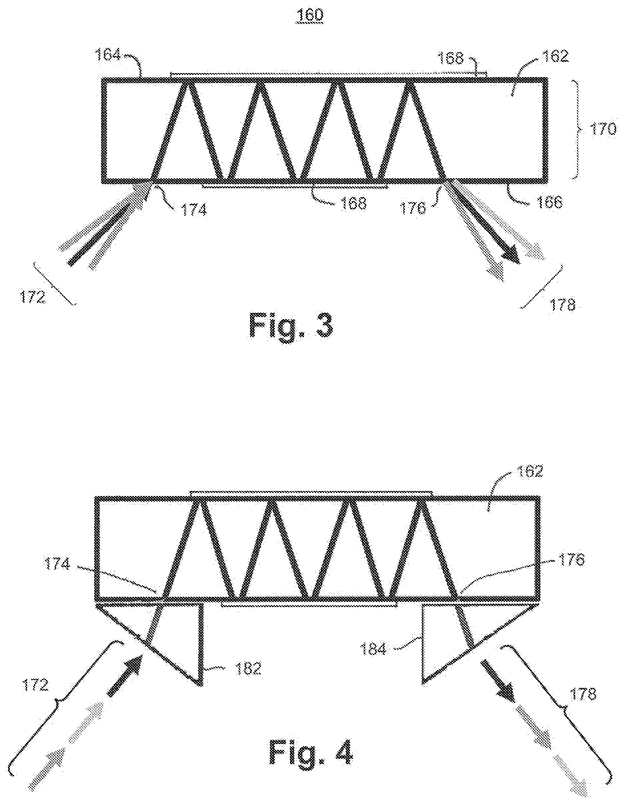 Nonlinear optical devices with zig-zag beam paths