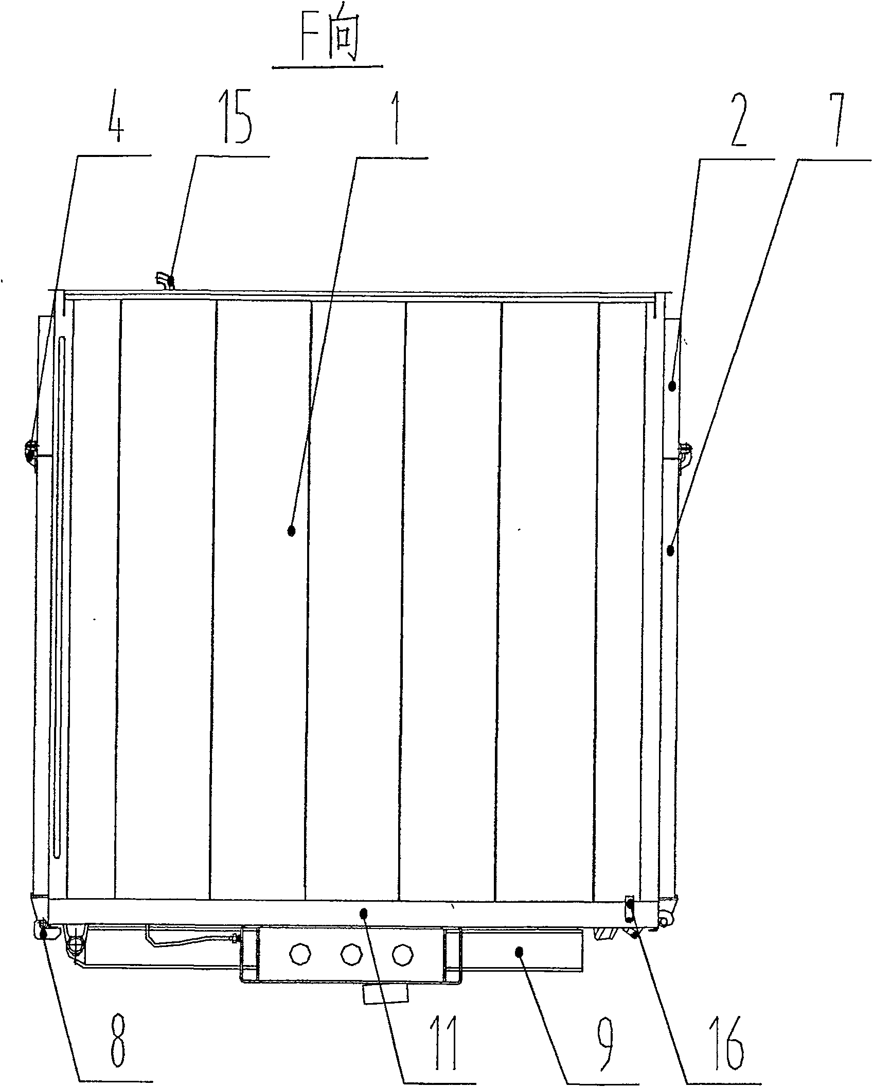 Self-discharging goods case of side-turn bottom board