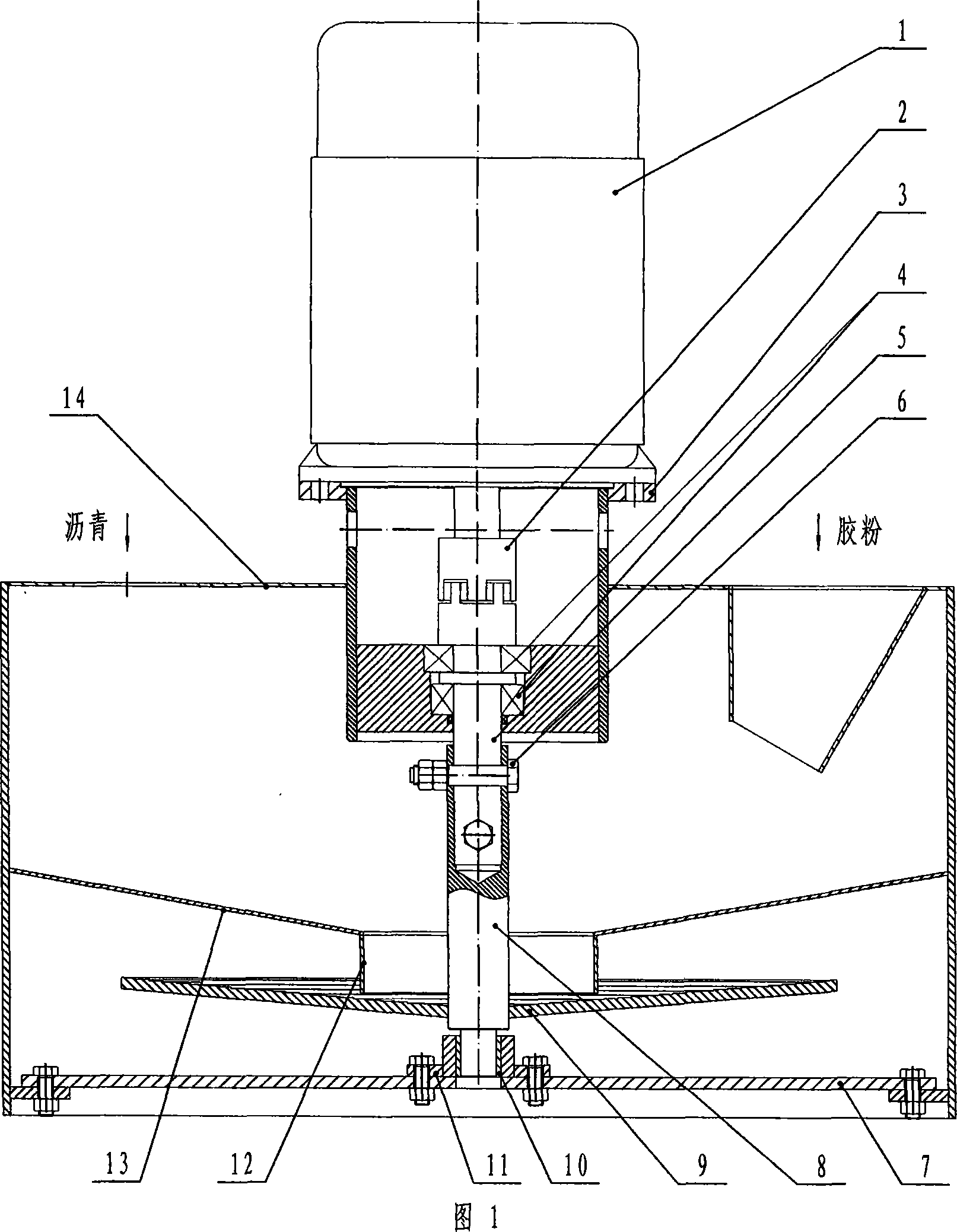 Mixer for asphalt and rubber powder in equipment for producing rubber asphalt