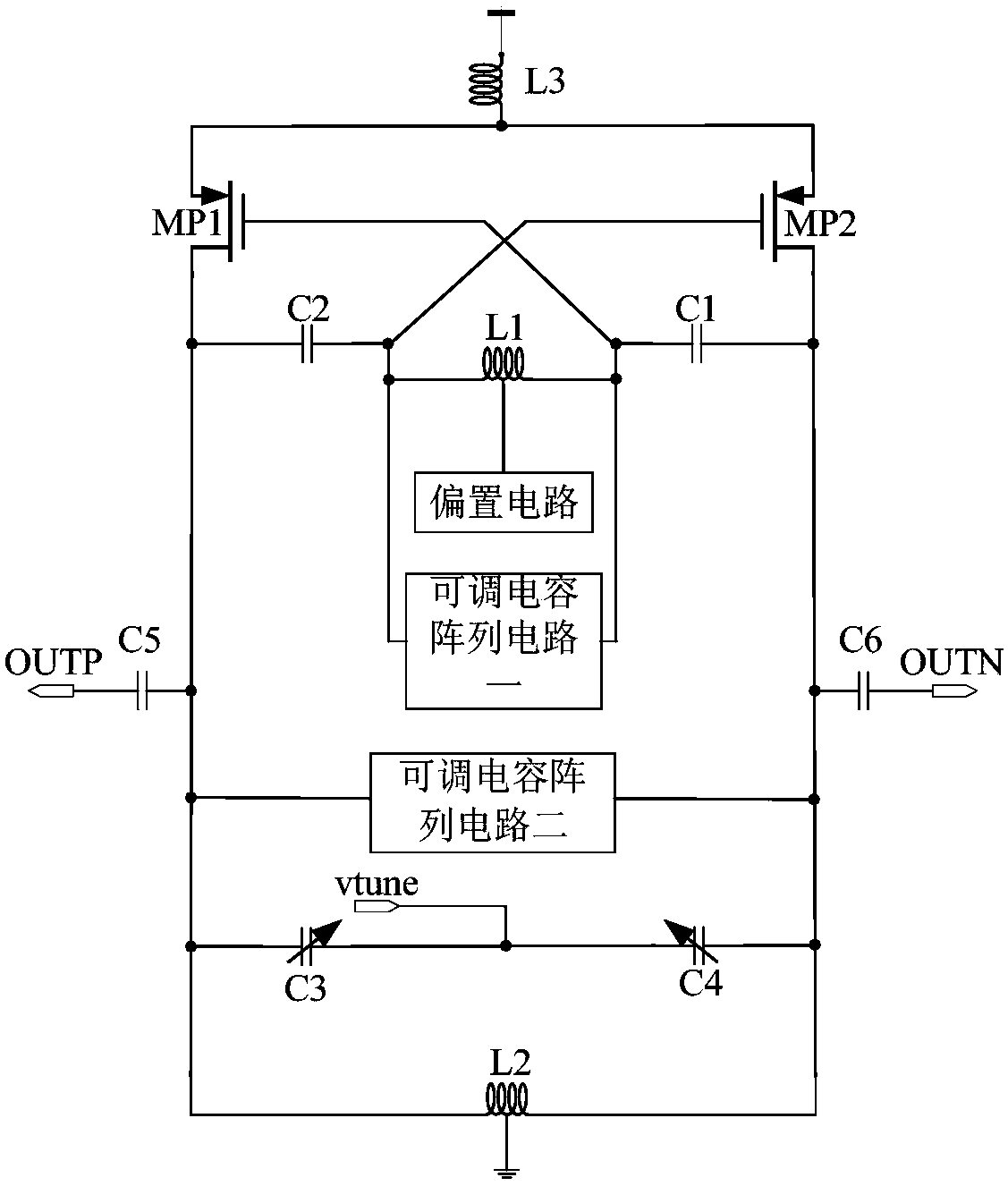 Transconductance linear broadband LC type voltage-controlled oscillator and adjustable capacitor array circuit