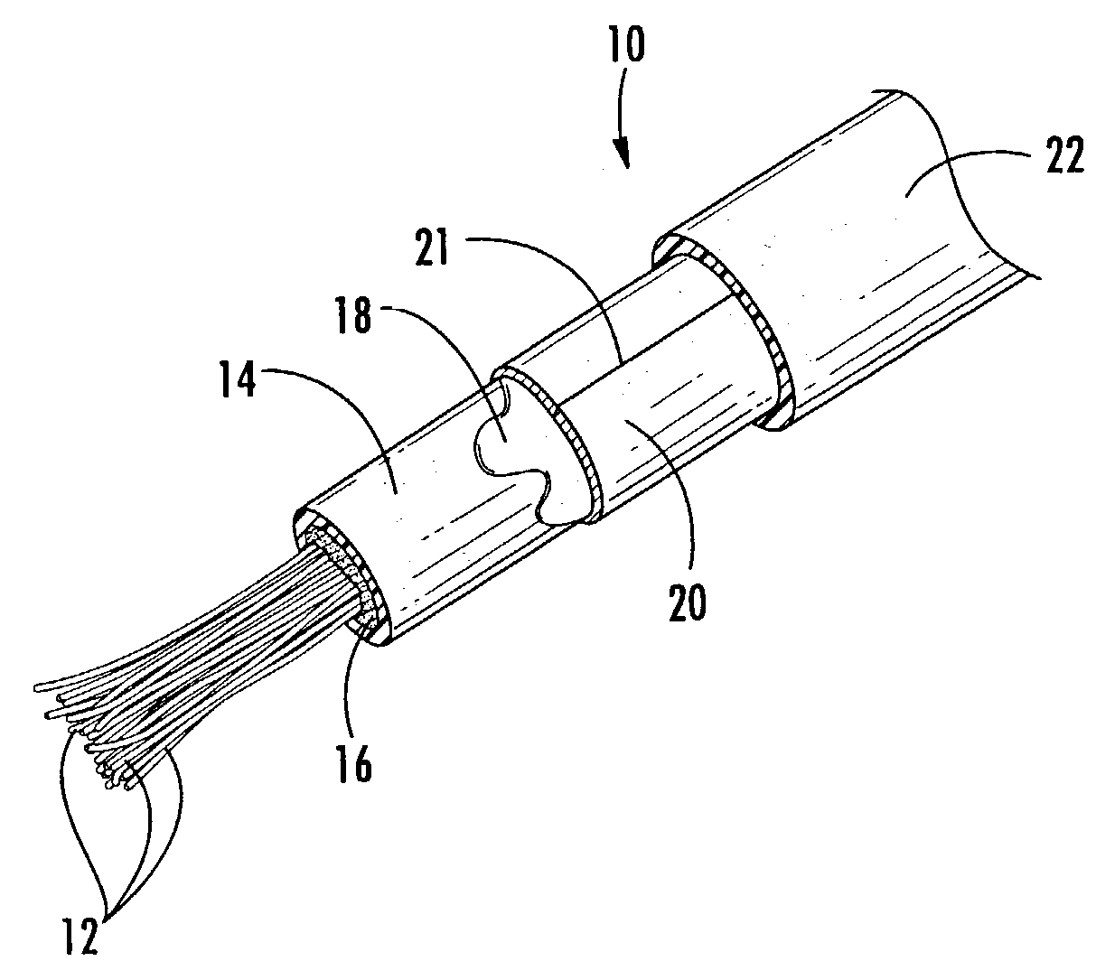 Fiber optic cable with composite polymeric/metallic armor