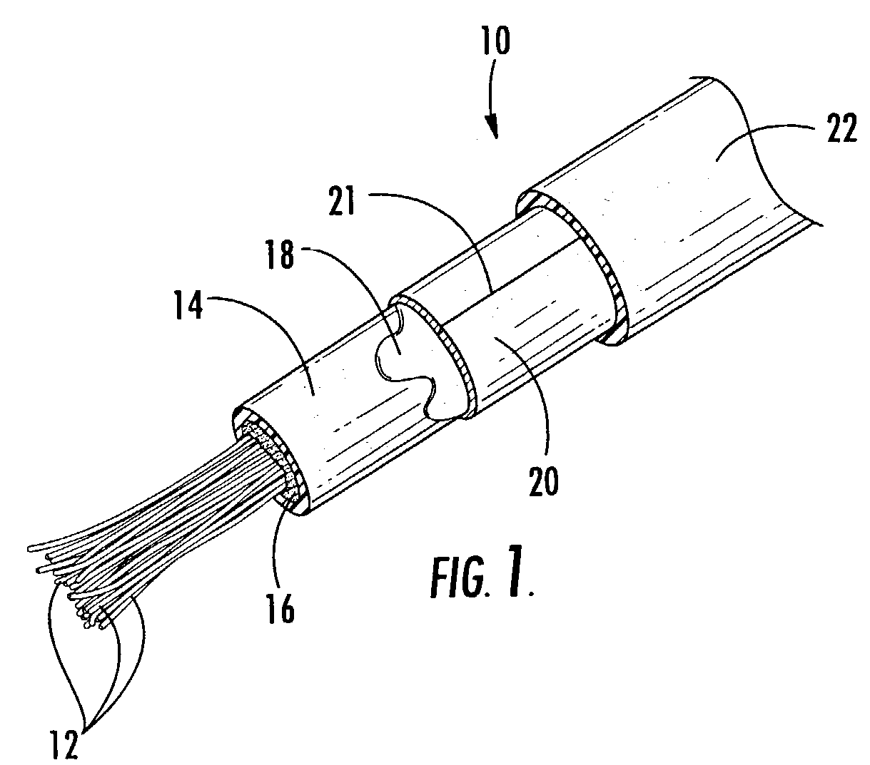 Fiber optic cable with composite polymeric/metallic armor