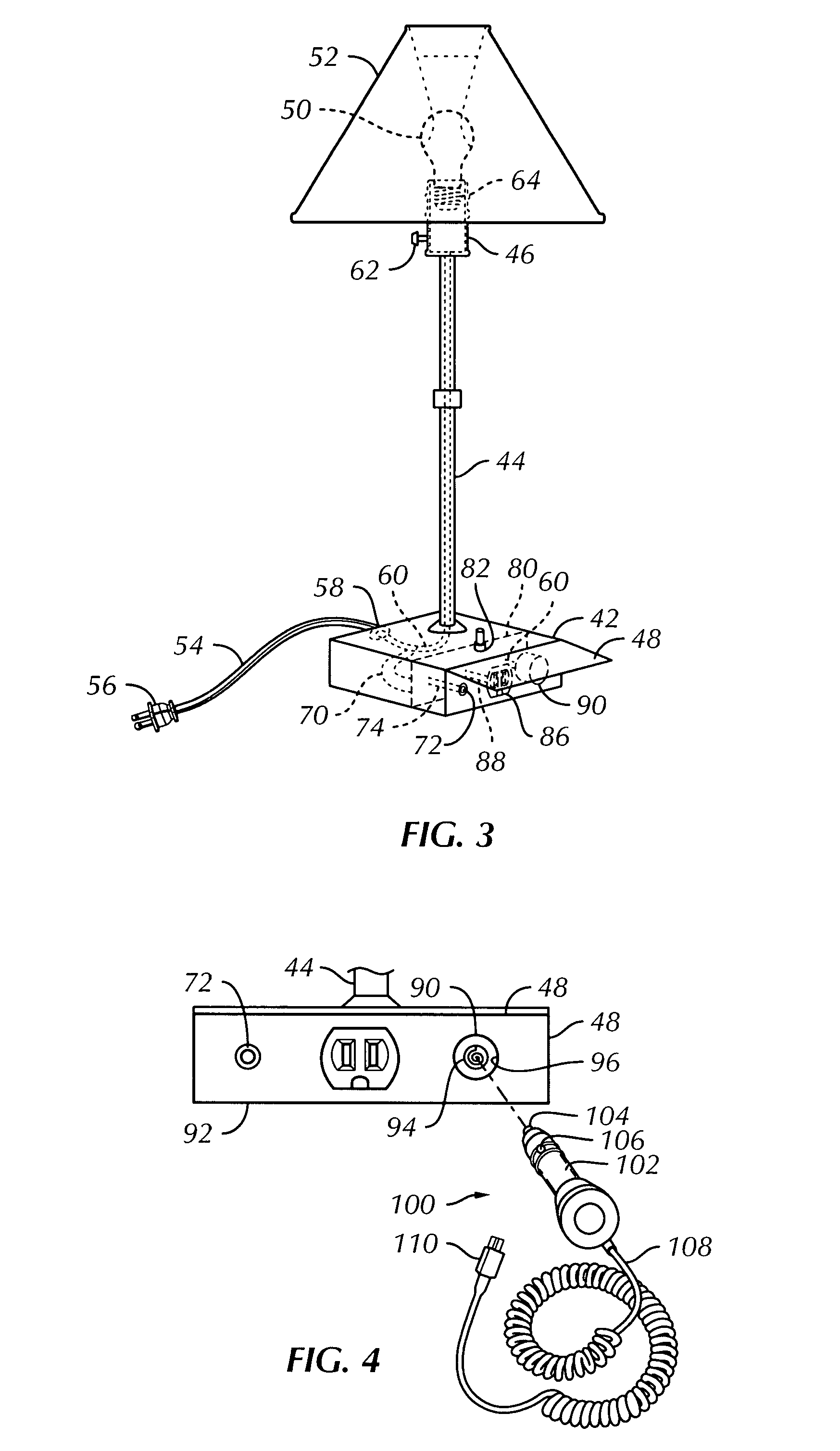 Lamp base with electrical device recharging receptacle and method