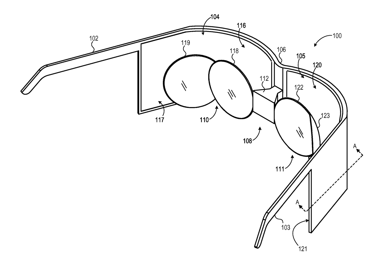 Head mounted display device with multiple segment display and optics