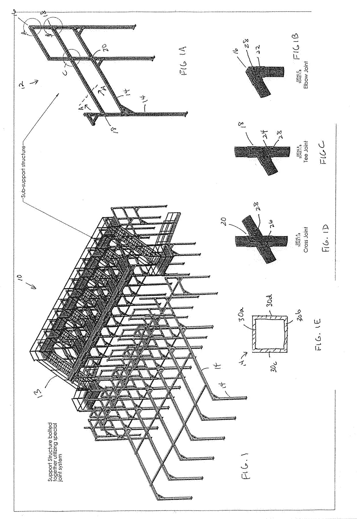 Tubular mezzanine and conveyor support structures and stiffener brackets for assembly thereof