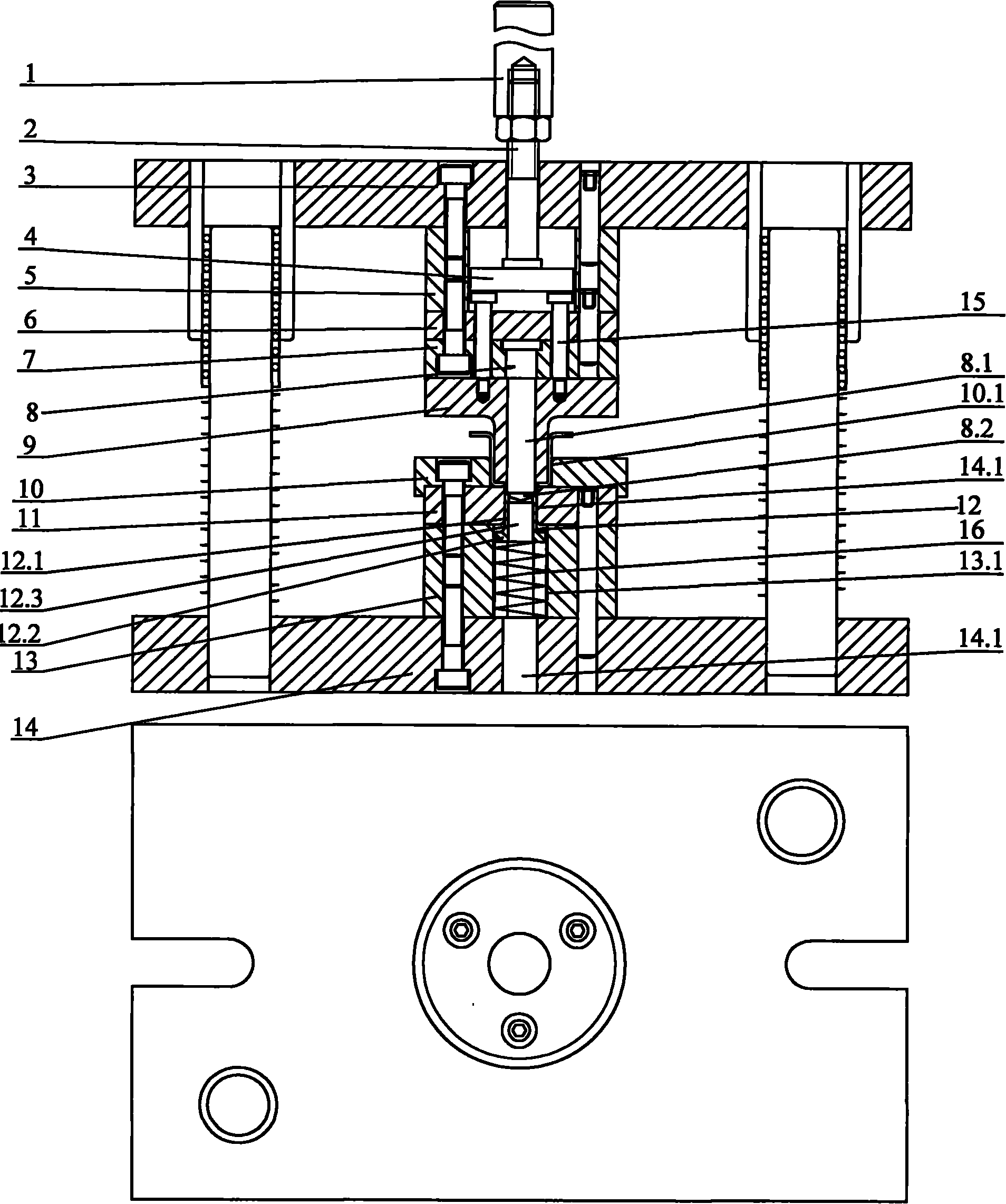 Punching/hole flanging die for internal supporting tube of auto shock absorber