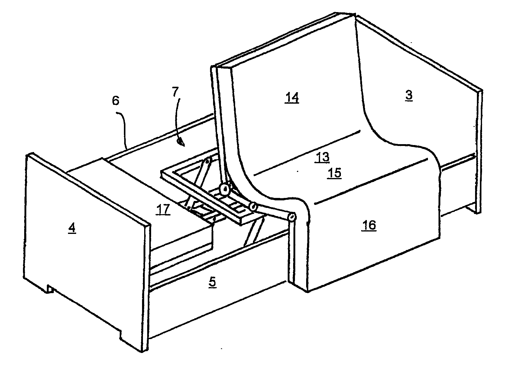 Rotating, sitting-up bed comprising a thigh-raising device