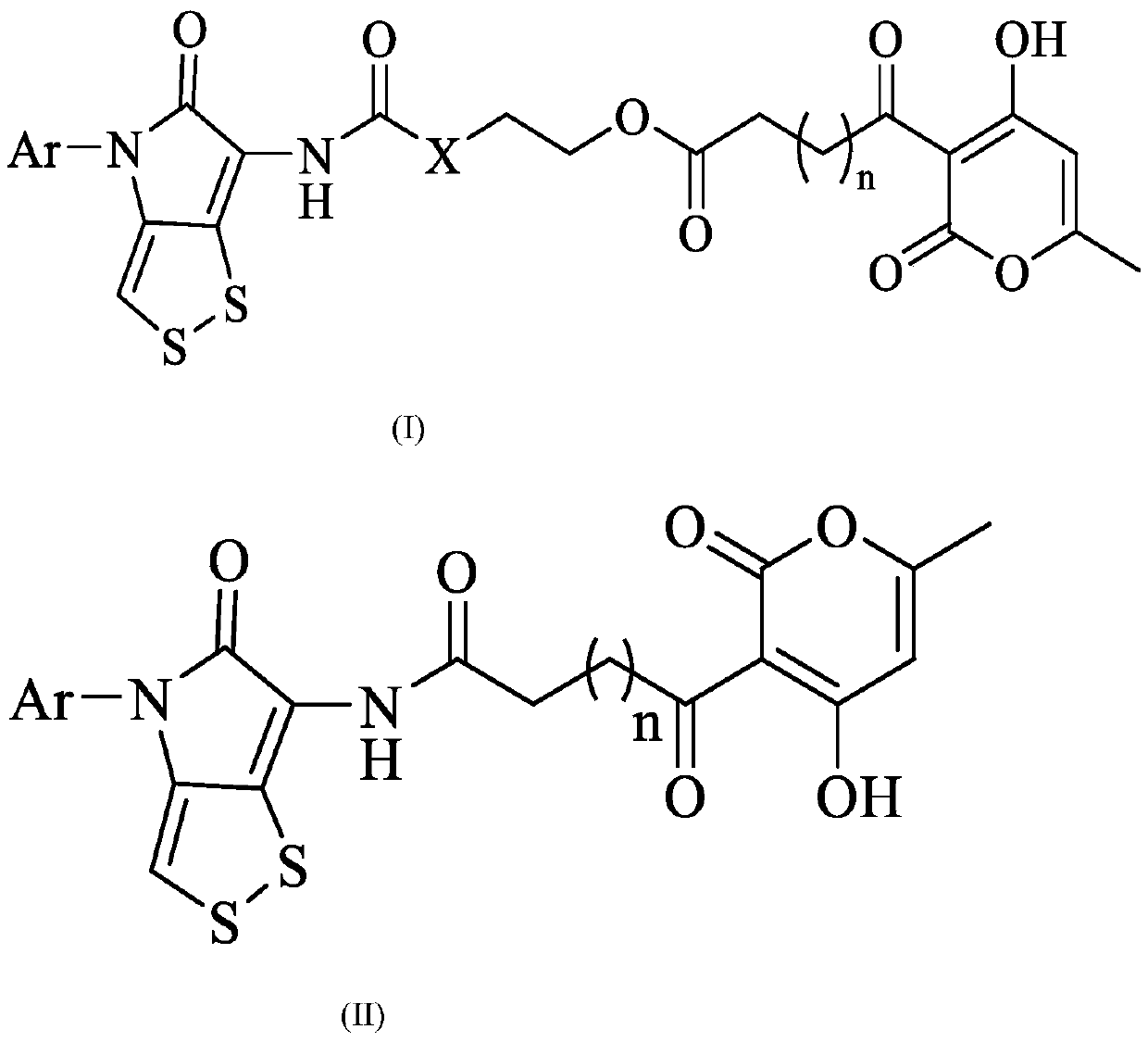 A kind of n-aryldithiopyrrolone-pyrone hybrid derivative and its preparation method and application