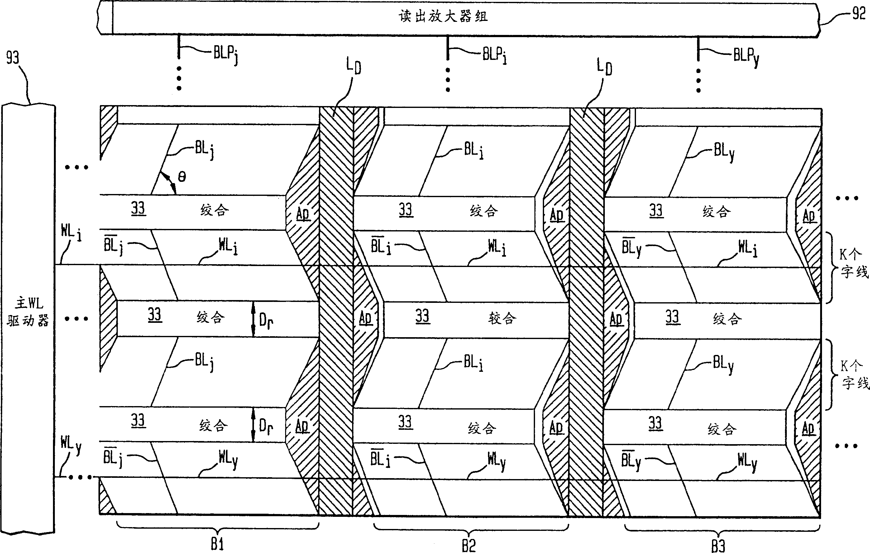 High density semiconductor memory having diagonal bit lines and dual word lines