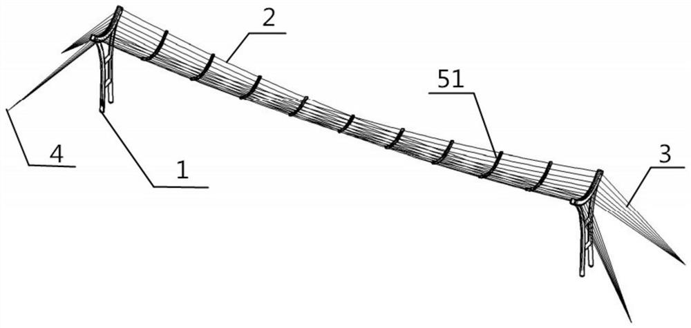 Horizontal pulling type pedestrian suspension bridge of hyperbolic paraboloid space cross cable net