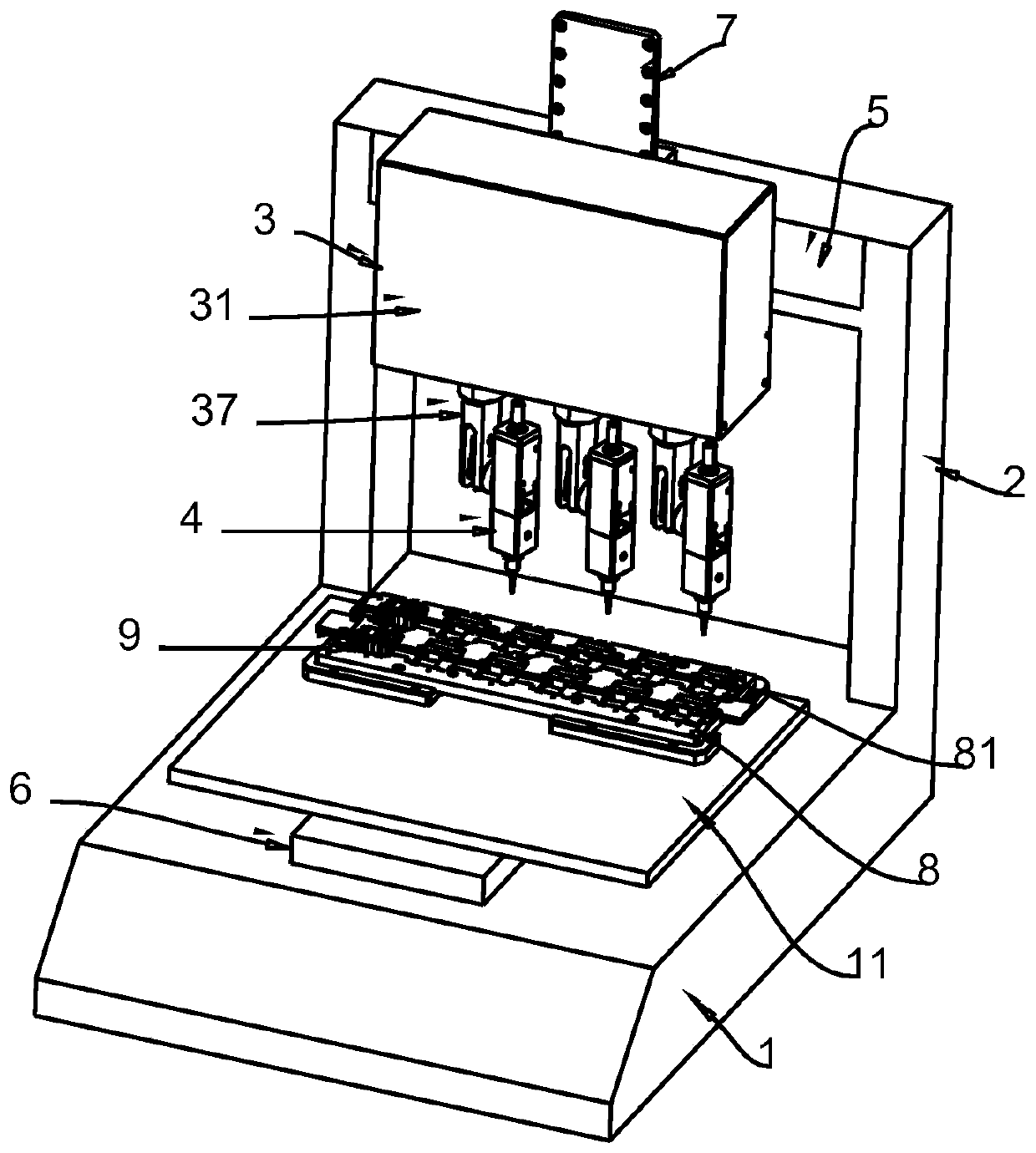 Gluing device for performing multi-angle gluing on PCBA board