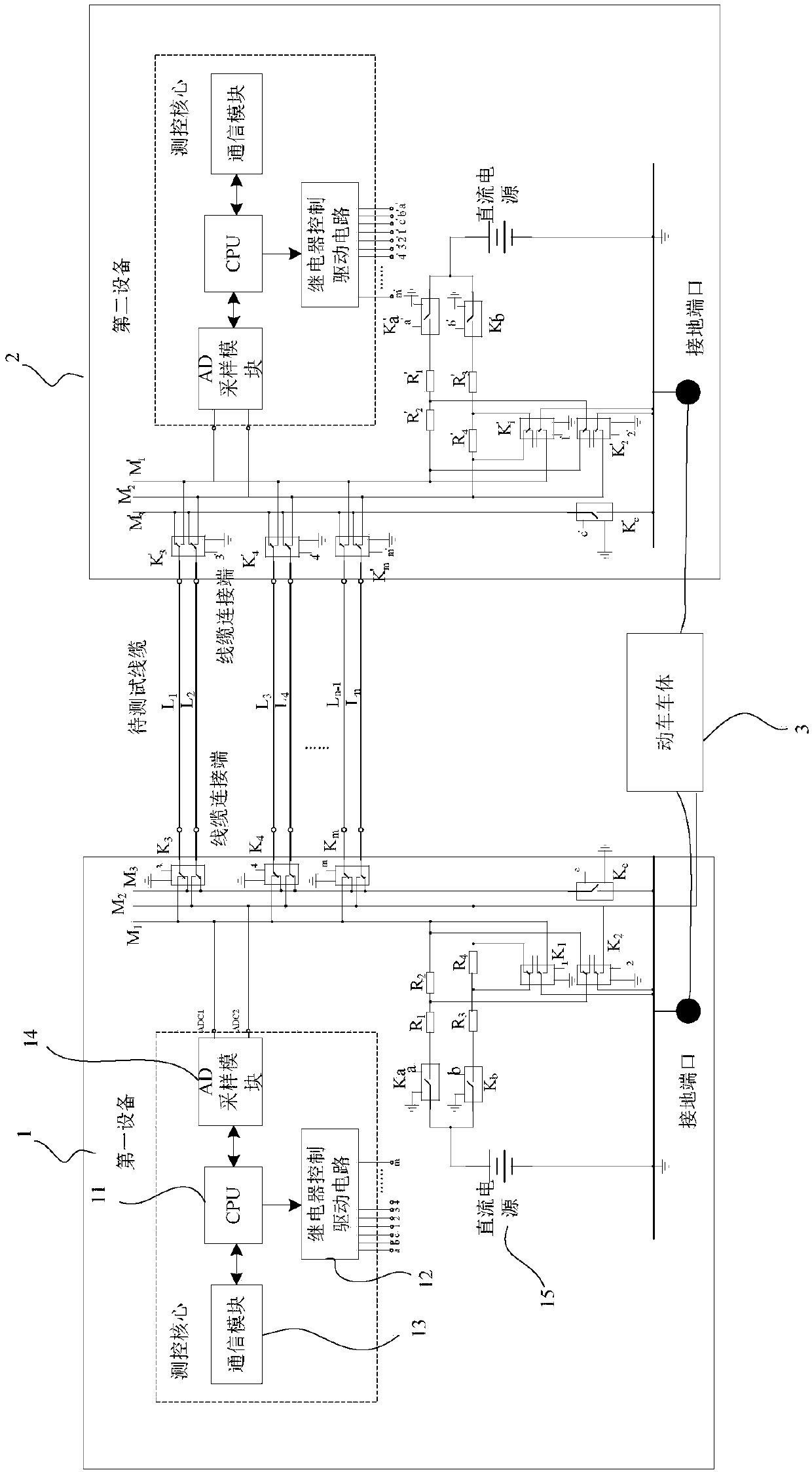 Hand-held cable continuity test device and system and test method for rail vehicle