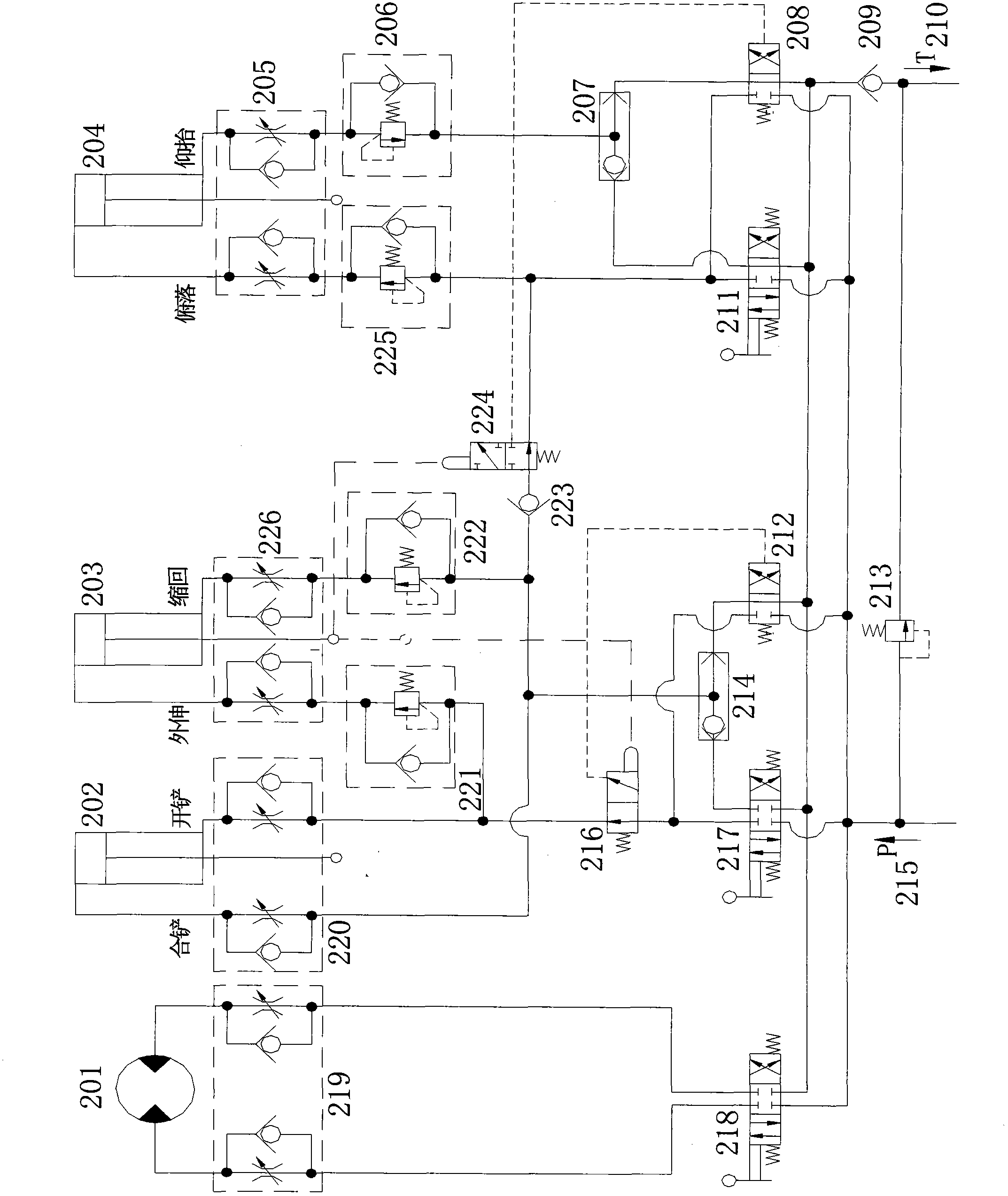 Hydraulic control system for coal pickup manipulator and working method