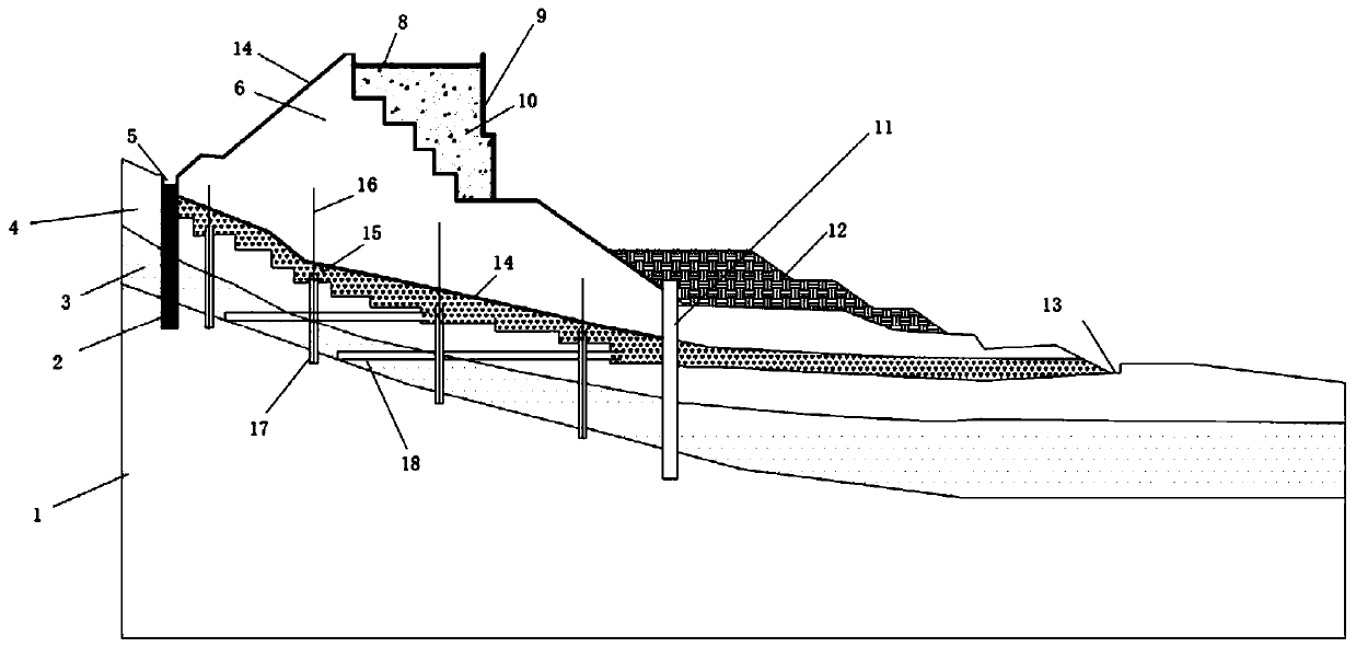 Landslide foundation treatment embankment structure and construction method