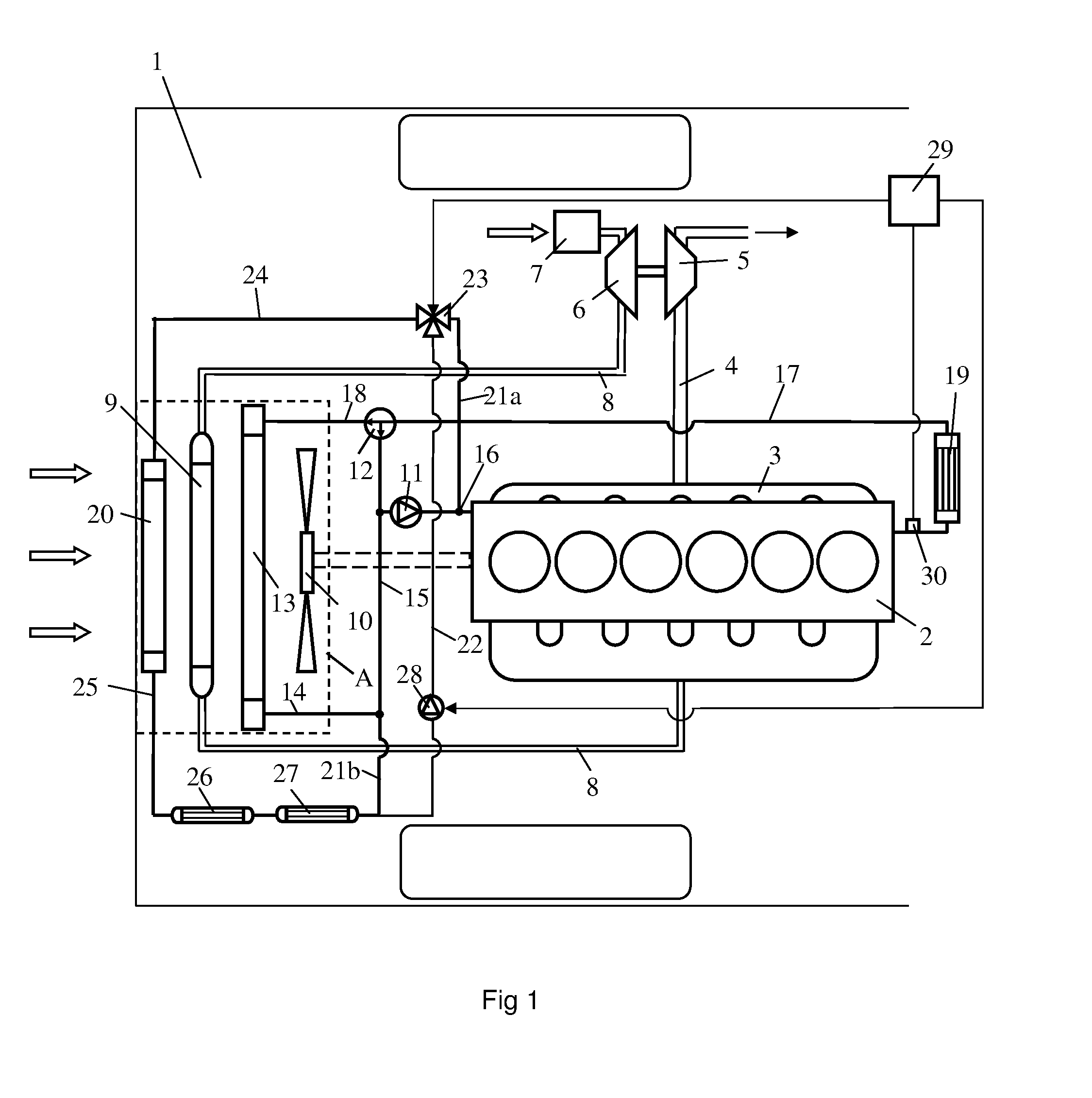 Arrangement and method for cooling of coolant in a cooling system in a vehicle
