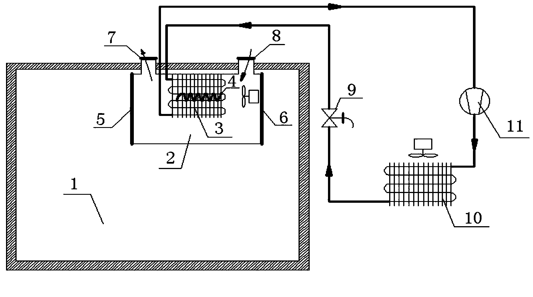 Device for assisting in defrosting through electric heating by utilizing air outside refrigerating chamber and operating method of device