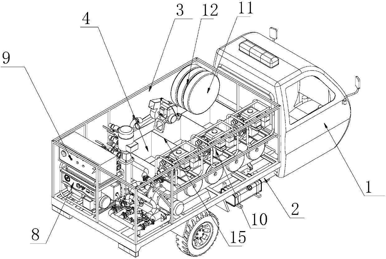 Mountain forest firefighting vehicle with high-pressure and low-pressure water supply pumps