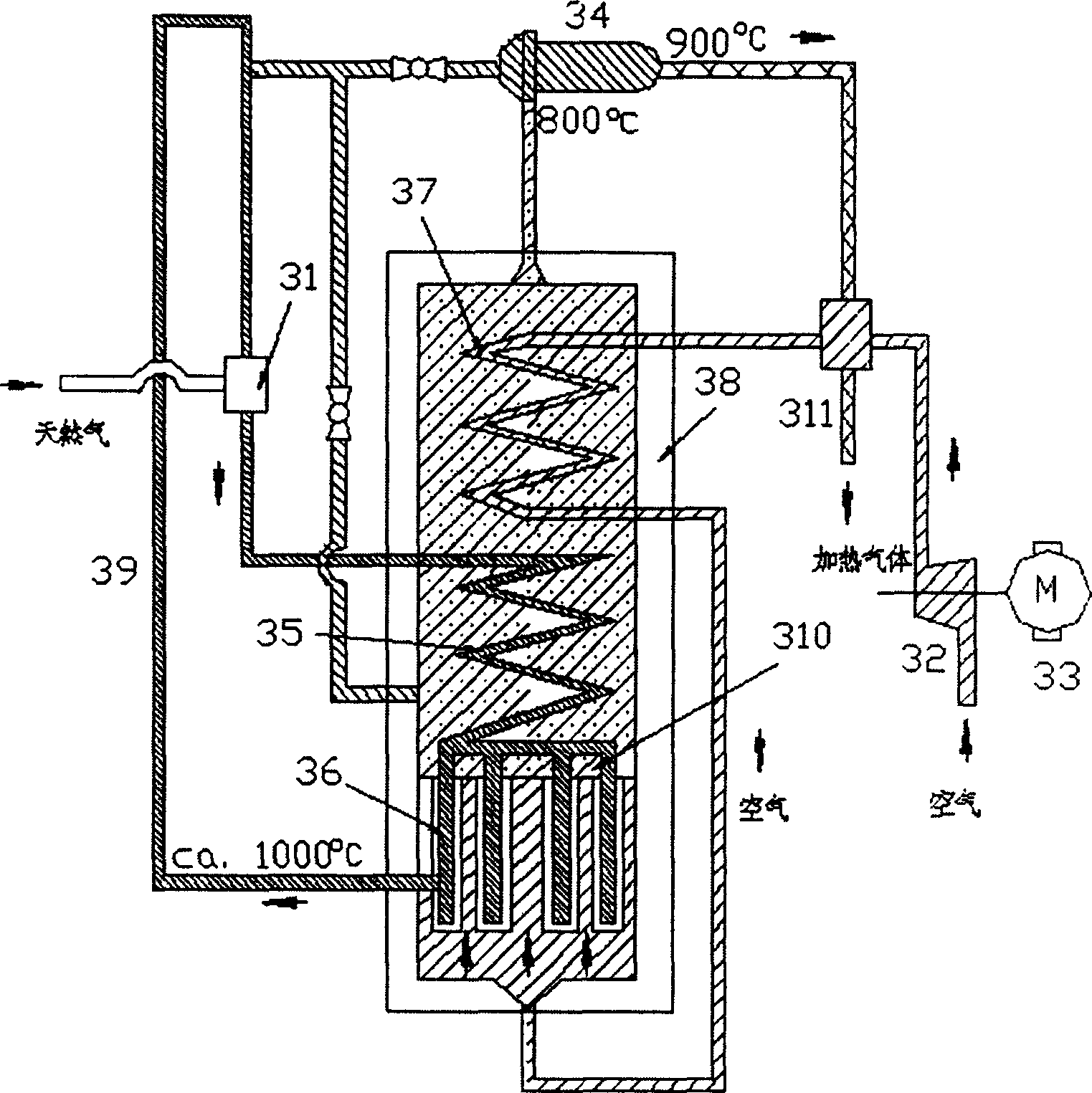 Combined power generator of high temperature heat source-oxygen concentration cell pile
