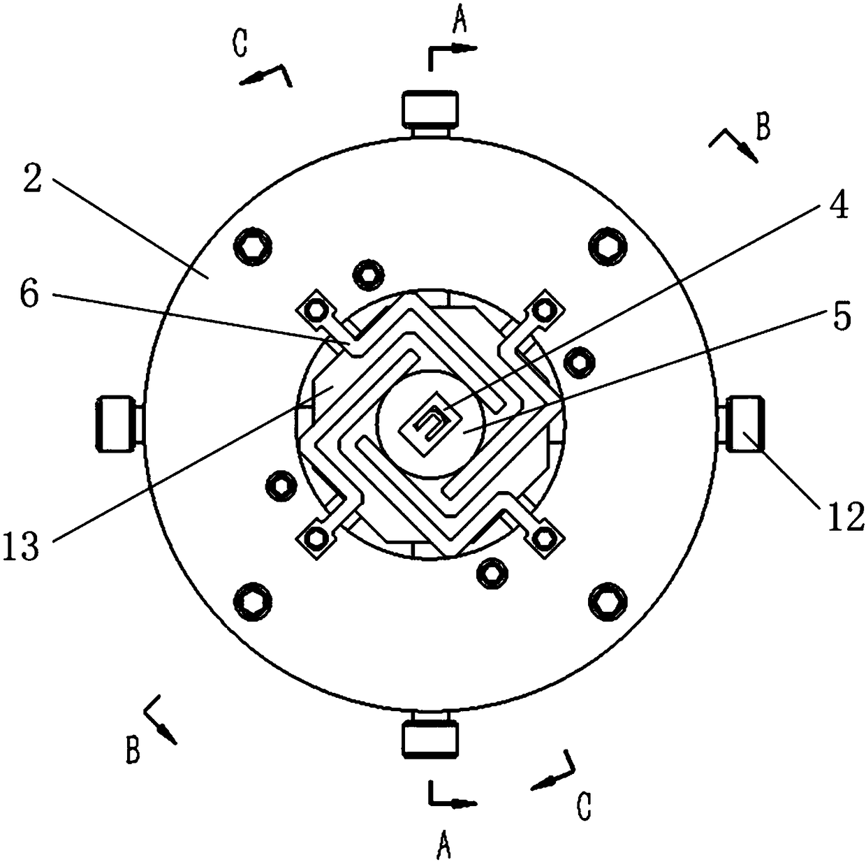 Four-shaft pedestal excitation device used for dynamic characteristics test of MEMS microstructure