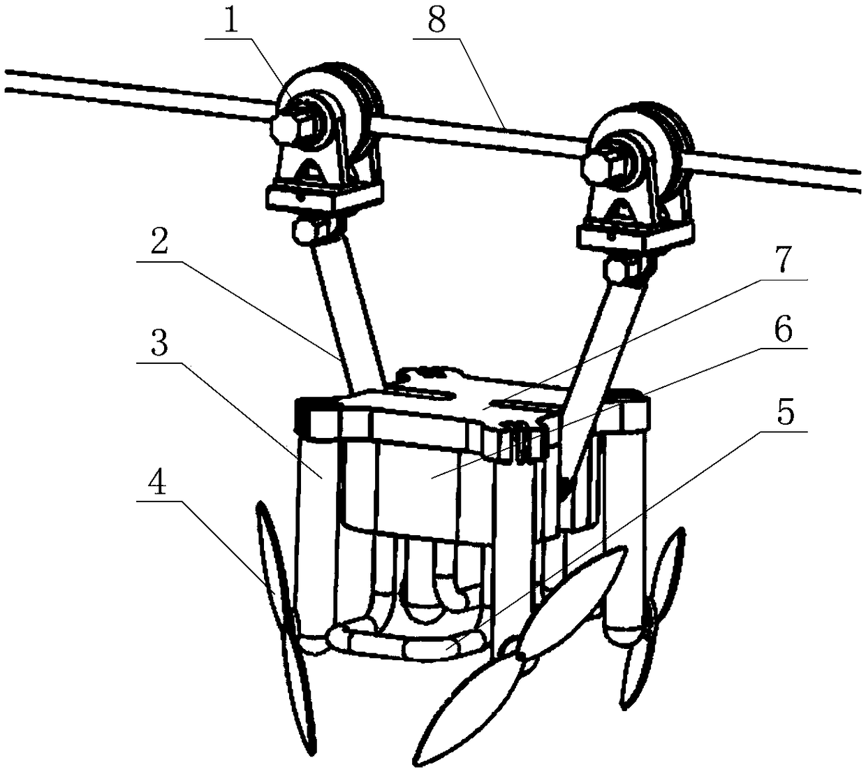 A high-voltage transmission line inspection robot operating in three modes of flying, climbing and sliding