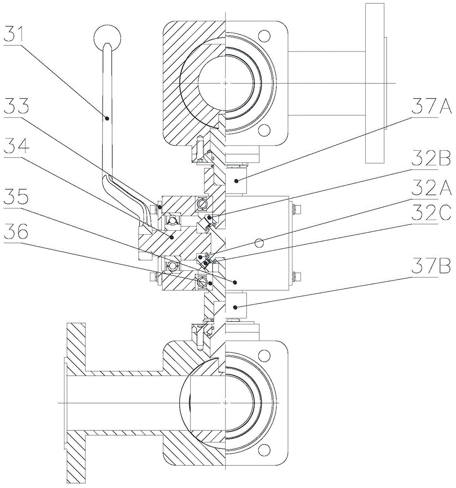 A six-way switching ball valve