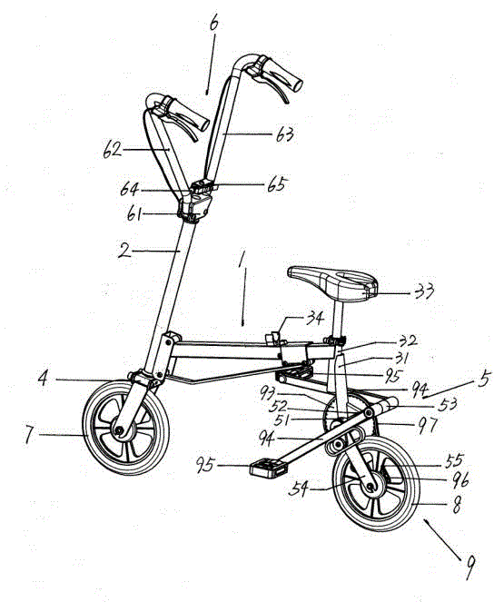 Portable four-link folding up- and down-pedaling bicycle