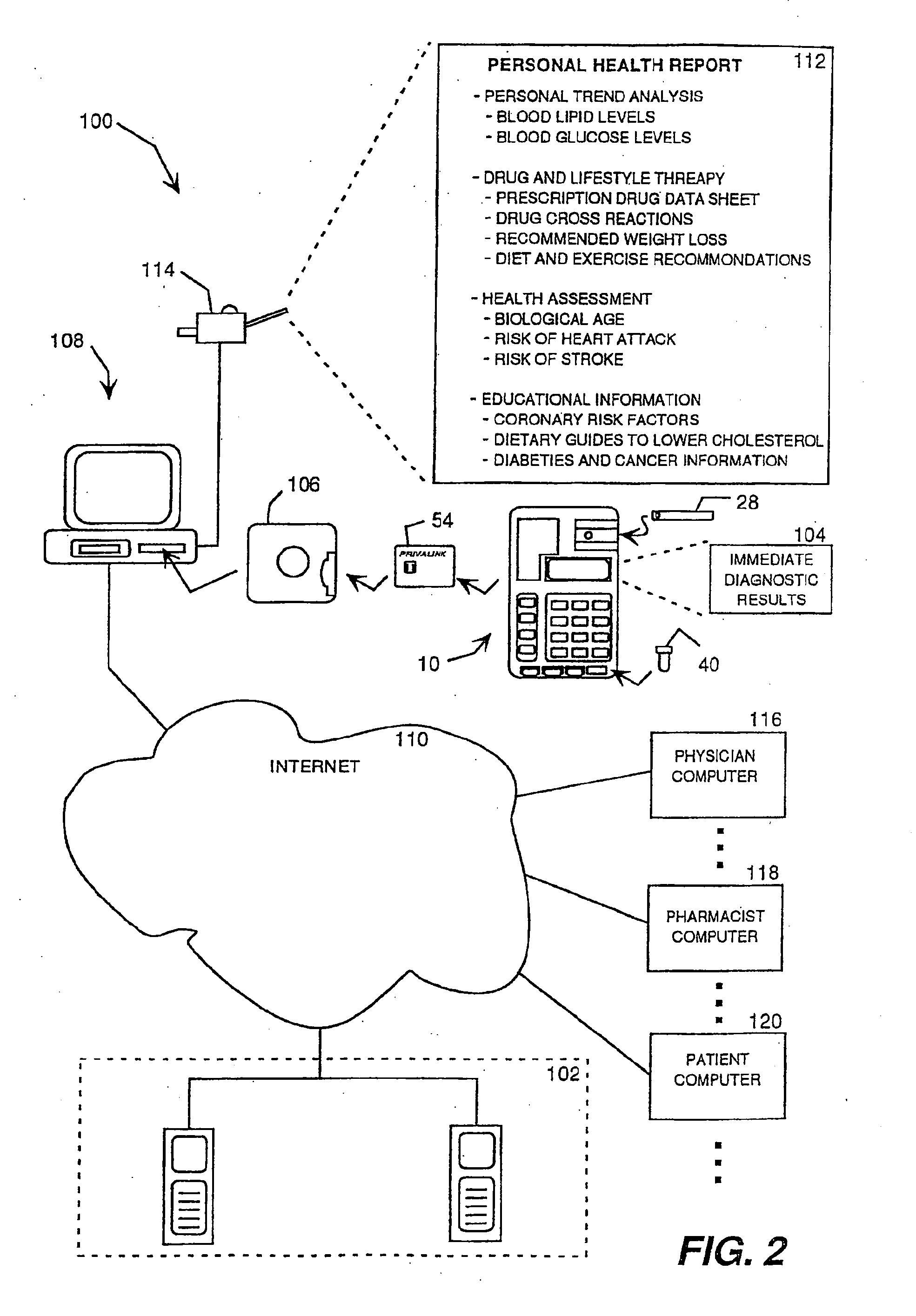 Health monitoring and diagnostic device and network-based health assessment and medical records maintenance system