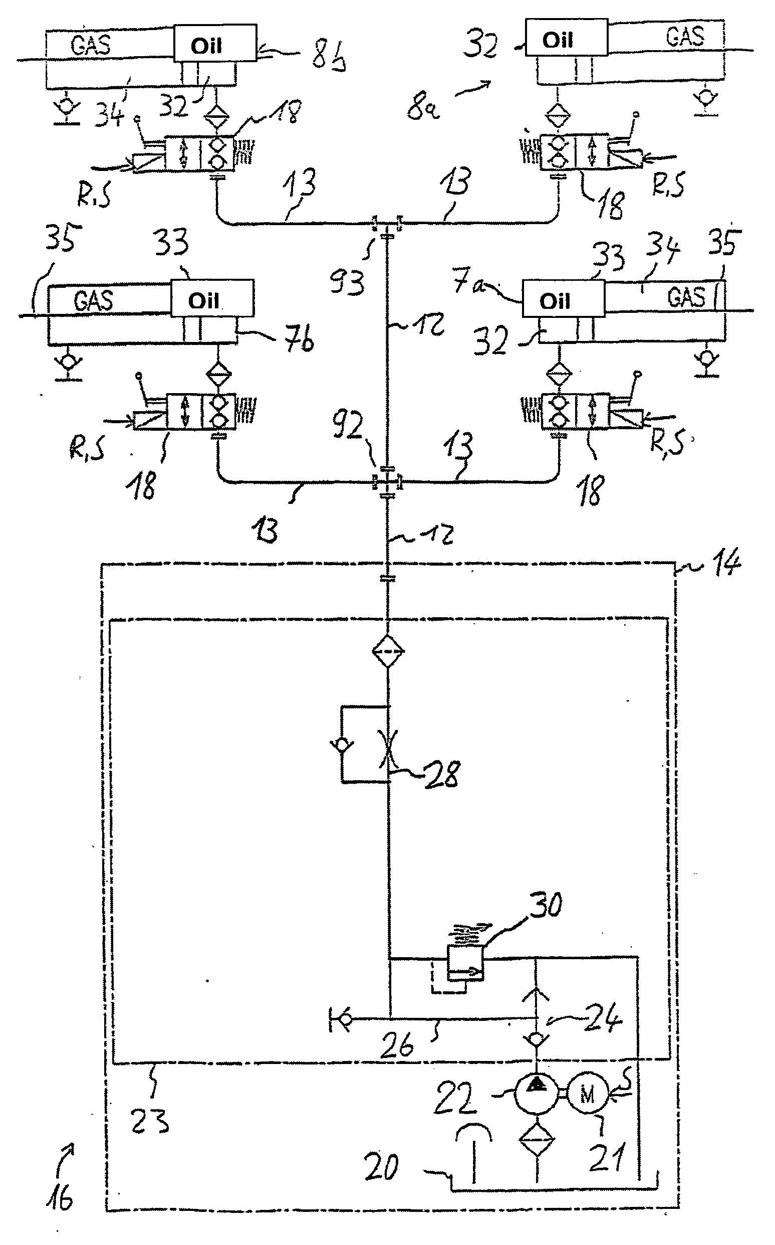 Hydraulic system for pivoting the lateral structural parts of a truck upwards and downwards