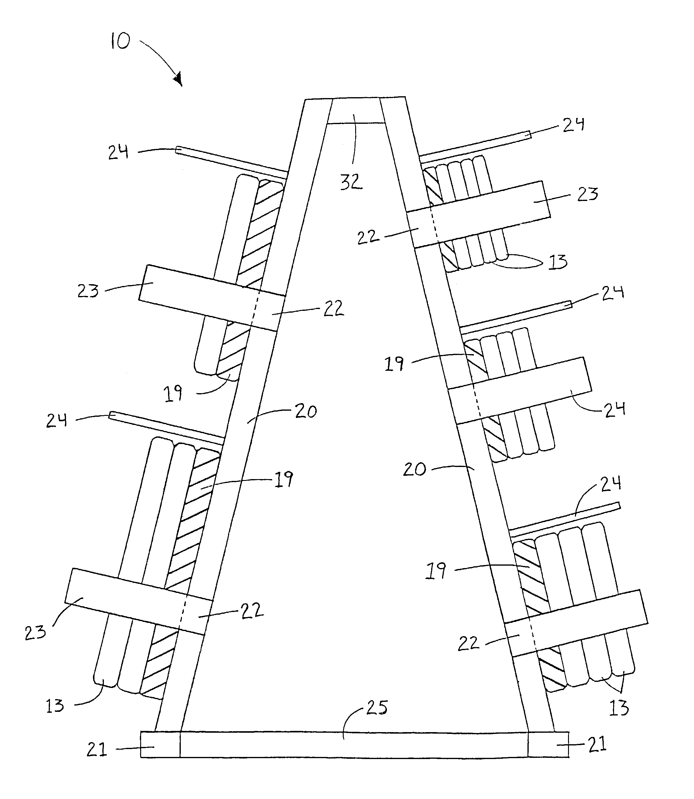 Multi-member support storage implement for plate-like weights