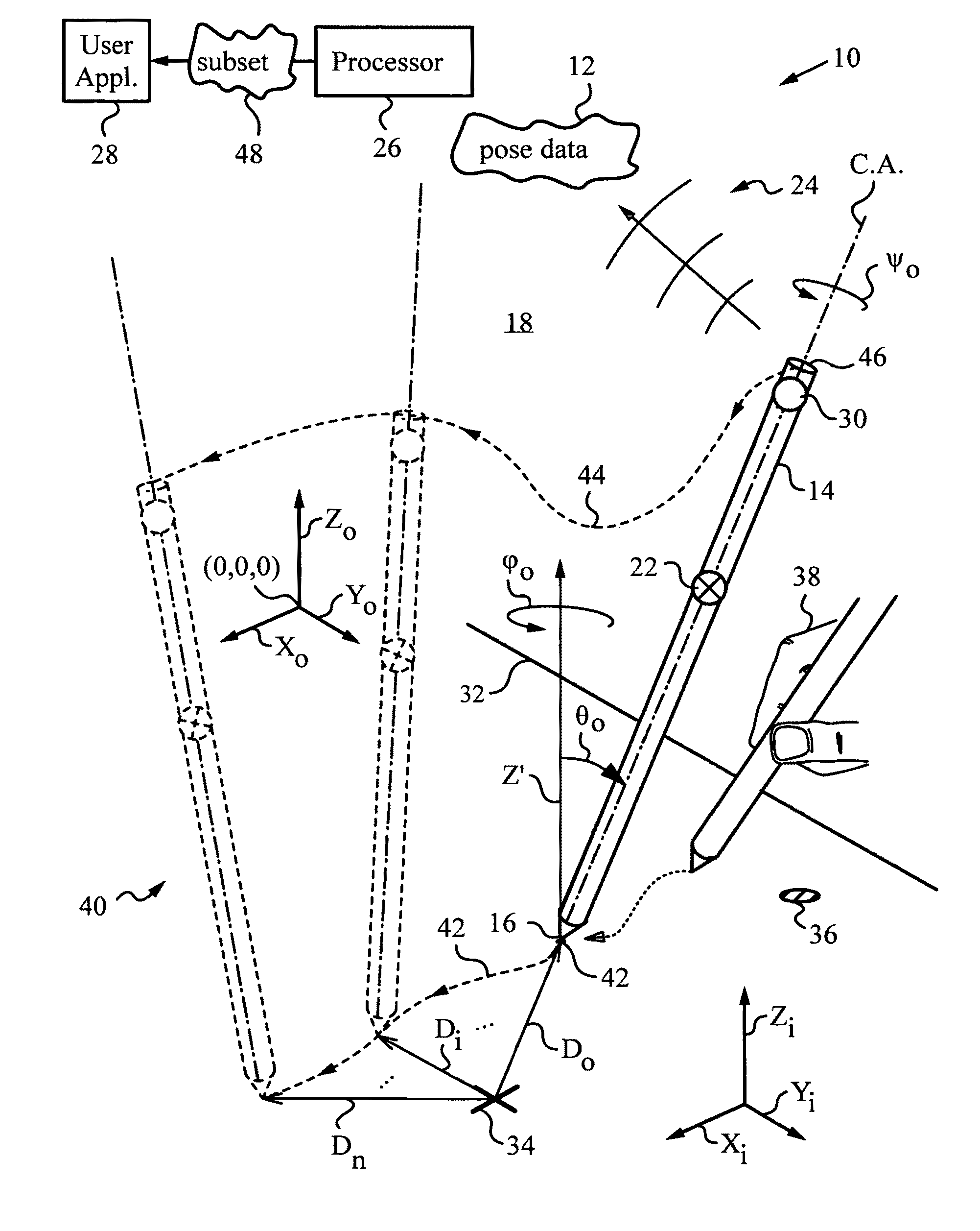 Computer interface employing a manipulated object with absolute pose detection component and a display
