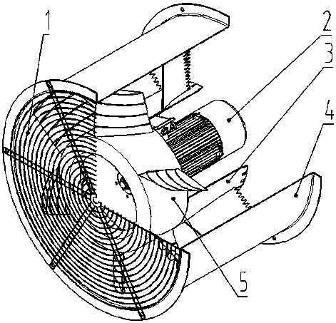 An axial flow fan with blades with airfoil deflectors and guide vanes with bionic trailing edges