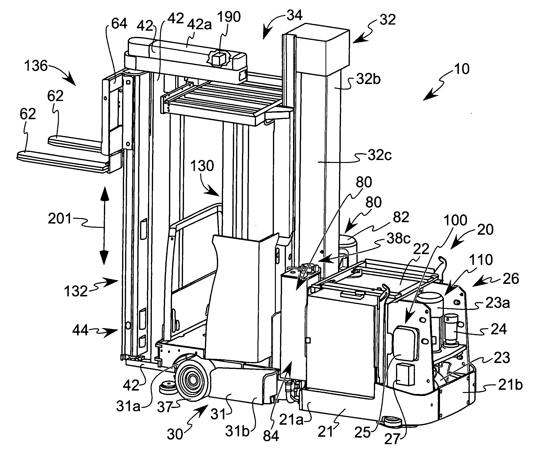 Materials handling vehicle having substantially all hydraulic components mounted on a main frame assembly