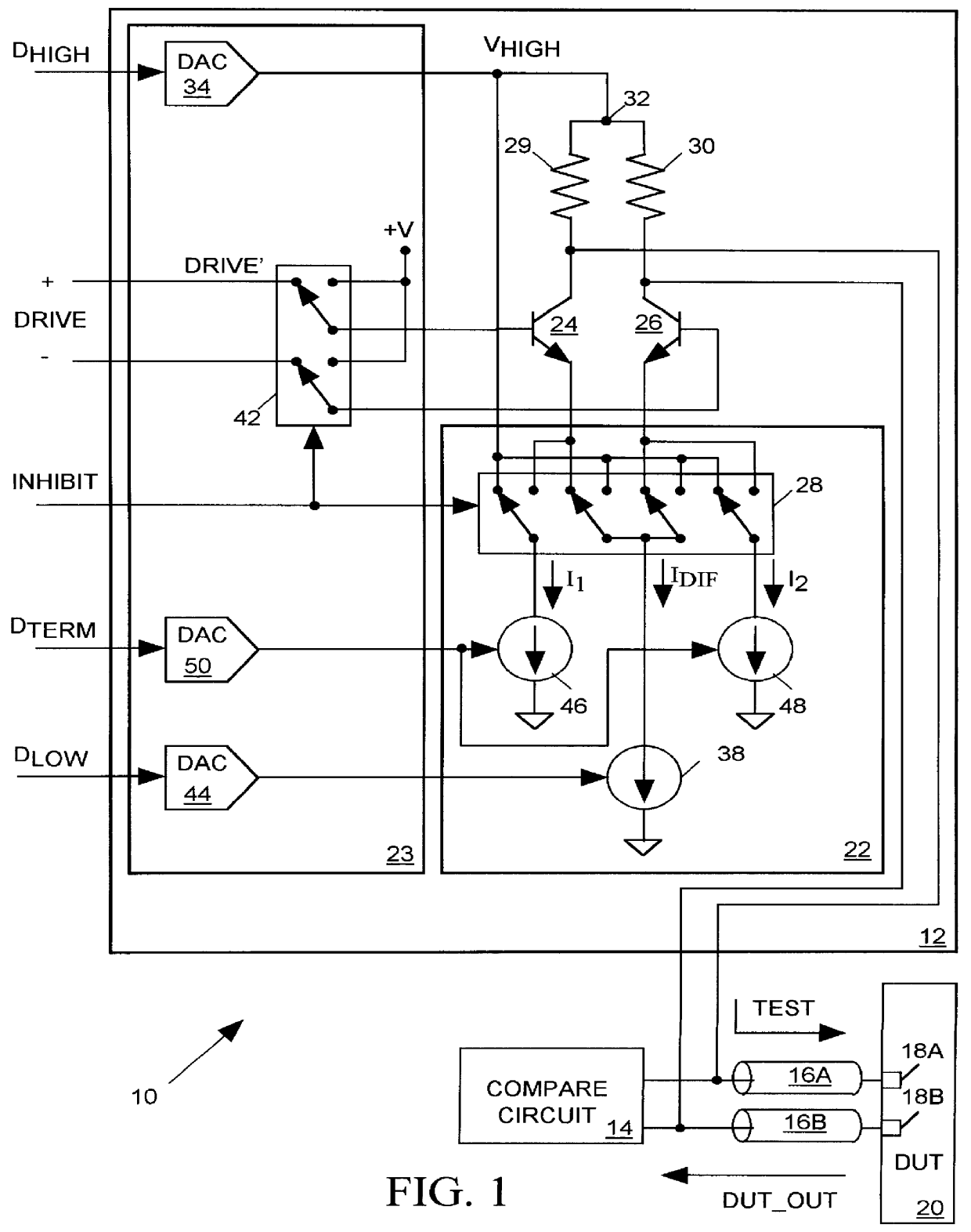 Inhibitable continuously-terminated differential drive circuit for an integrated circuit tester