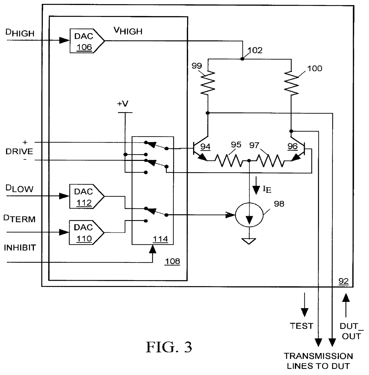 Inhibitable continuously-terminated differential drive circuit for an integrated circuit tester