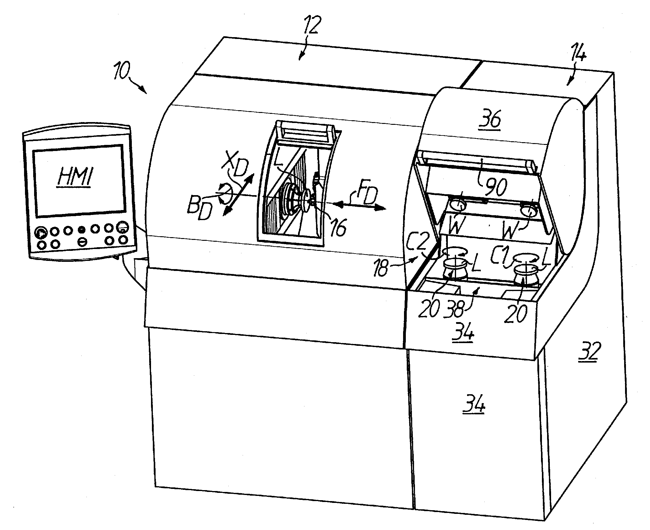 Device for Fine Machining of Optically Effective Surfaces on In Particular Spectacle Lenses and Flexible Production Cell Comprising Such a Device