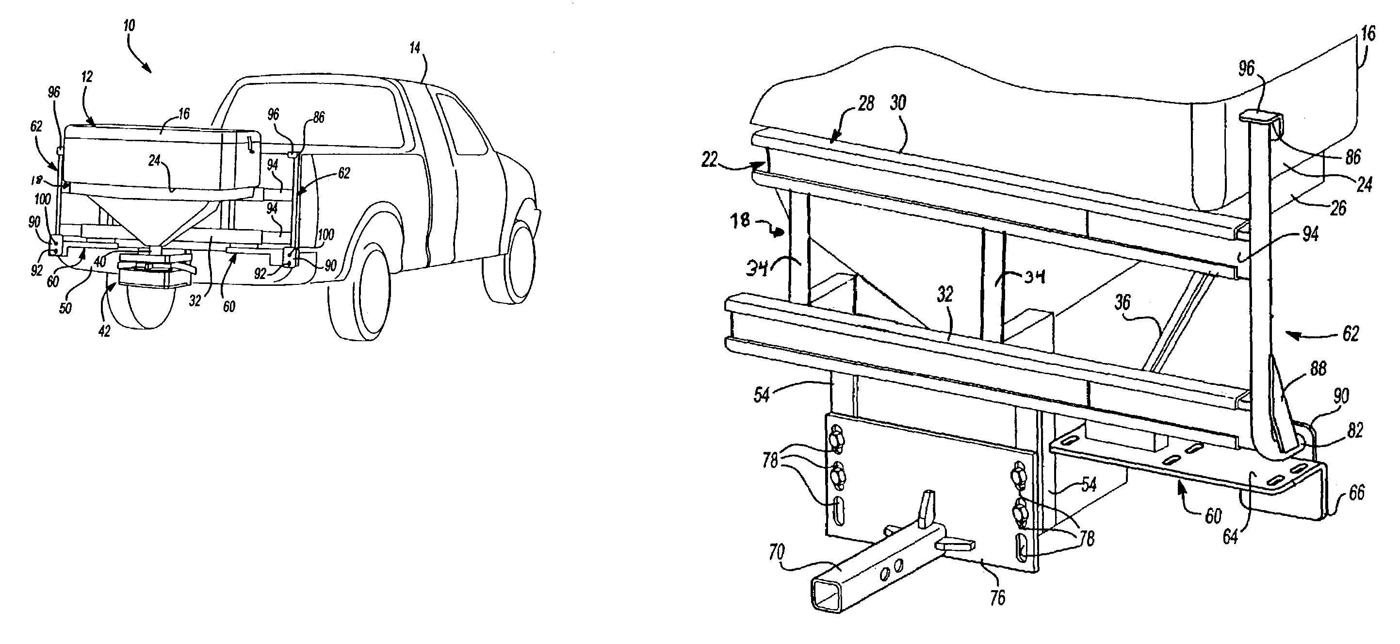 Mounting assembly for supporting a hopper and a spreading mechanism on a vehicle