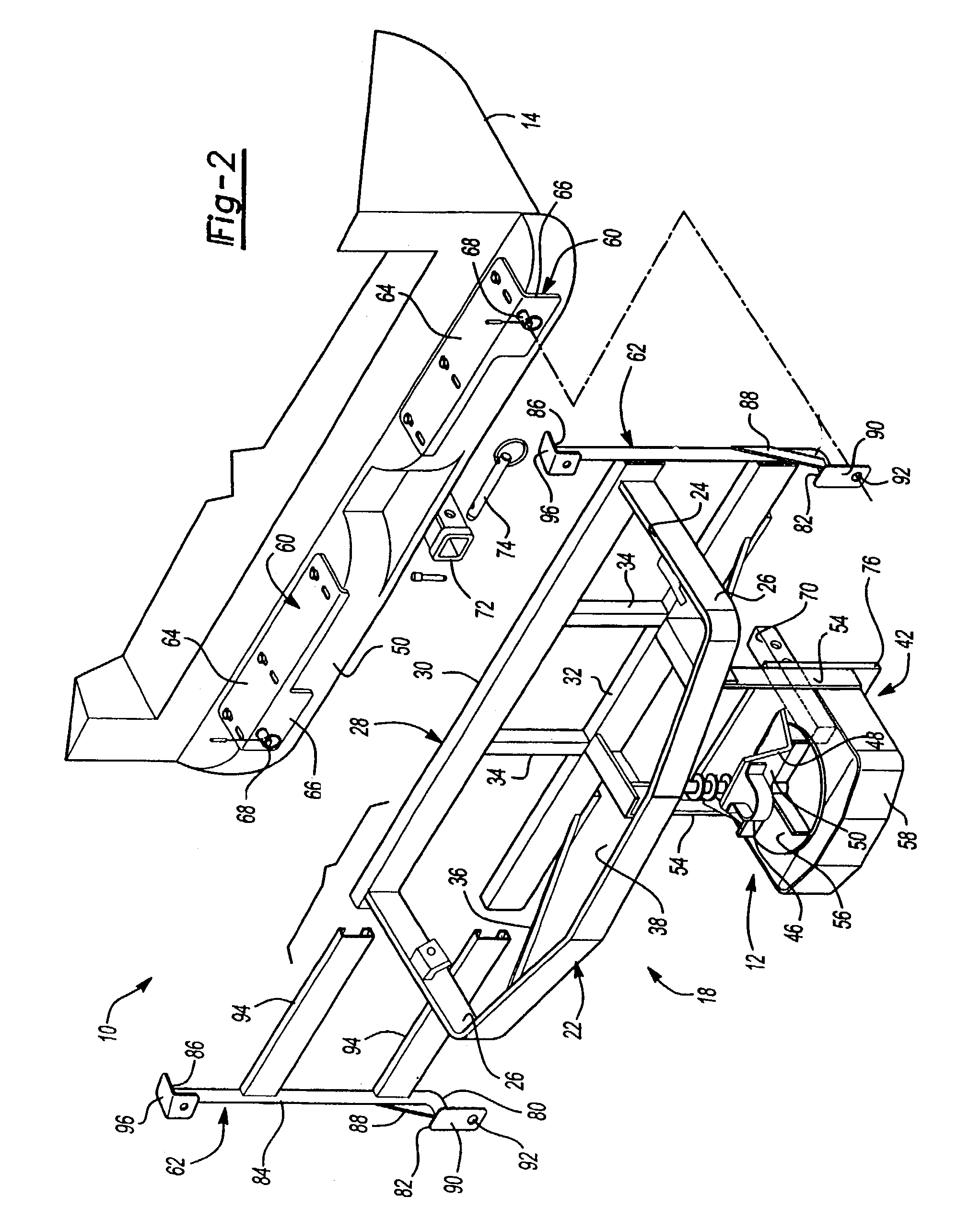 Mounting assembly for supporting a hopper and a spreading mechanism on a vehicle