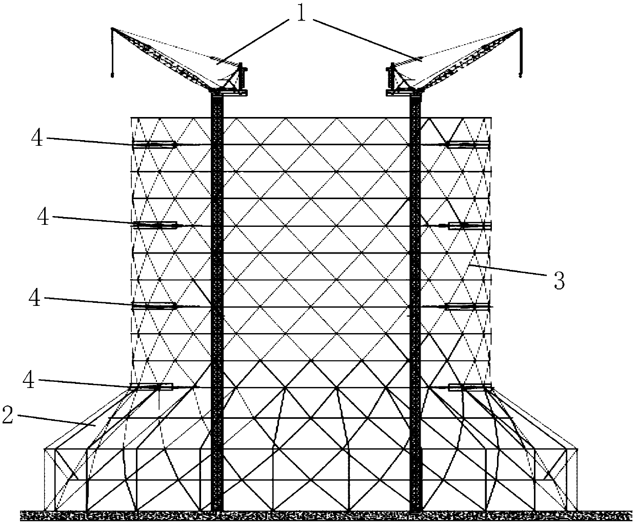 Tower crane construction method of large steel structure air cooling tower