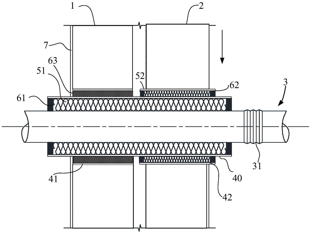 A sound insulation structure and construction method for pipelines passing through double-layer walls